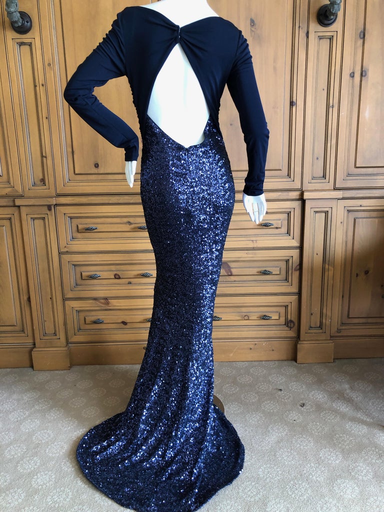 Dolce and Gabbana D&G Navy Blue Low Cut Silk Sequin Evening Gown w ...