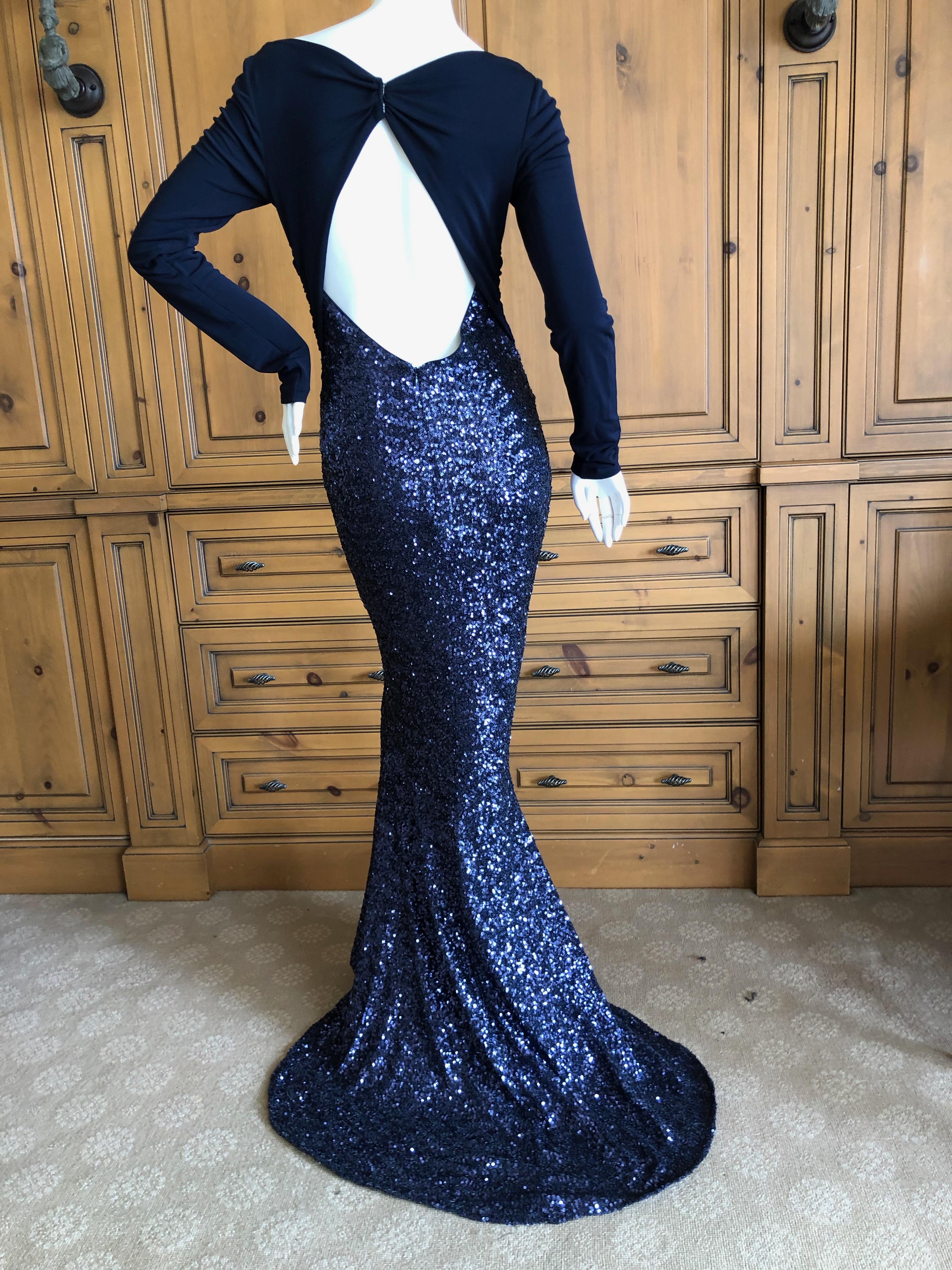 Dolce & Gabbana D&G Navy Blue Low Cut Silk Sequin Evening Gown w Keyhole Back 42 For Sale 3