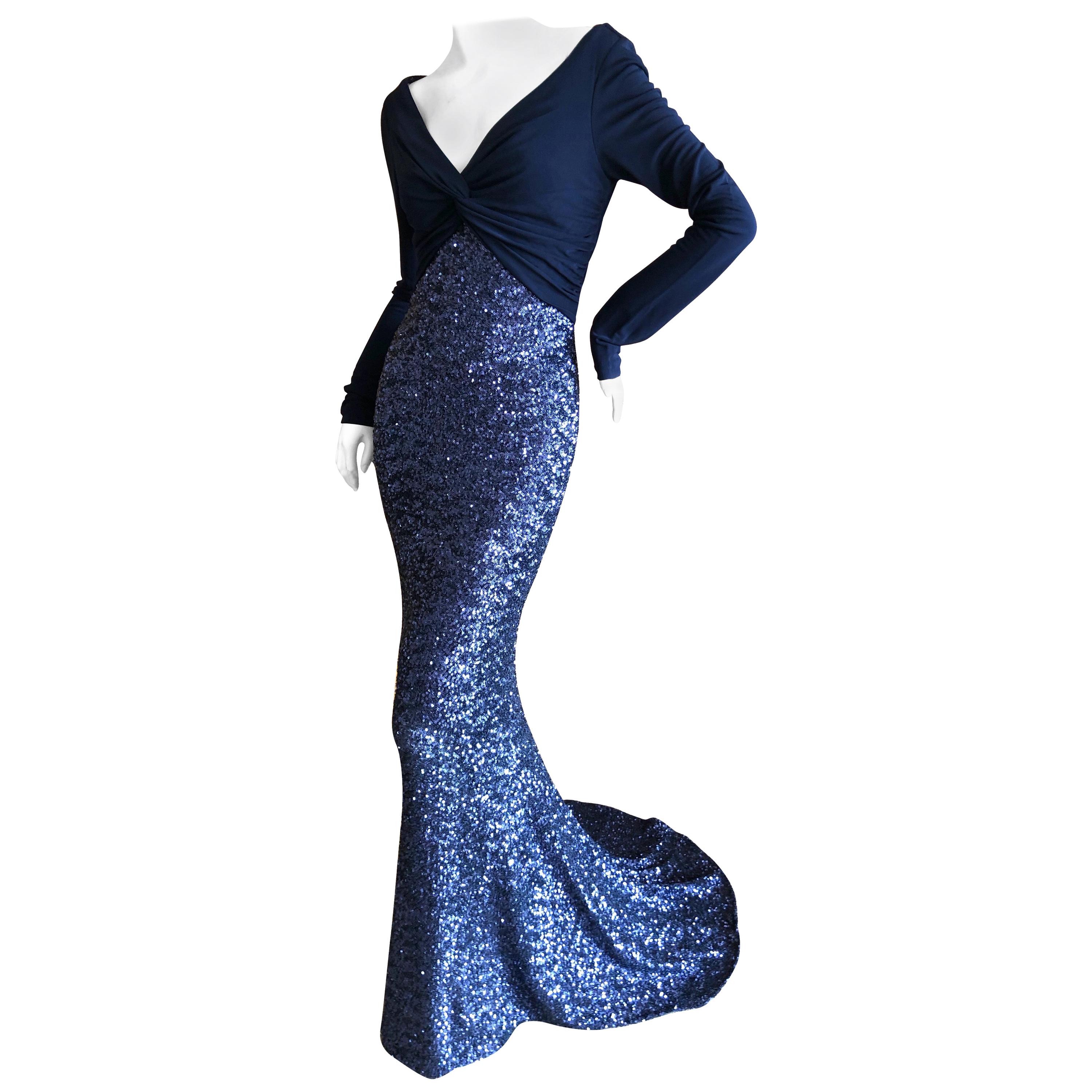 Dolce & Gabbana D&G Navy Blue Low Cut Silk Sequin Evening Gown w Keyhole Back 42 For Sale