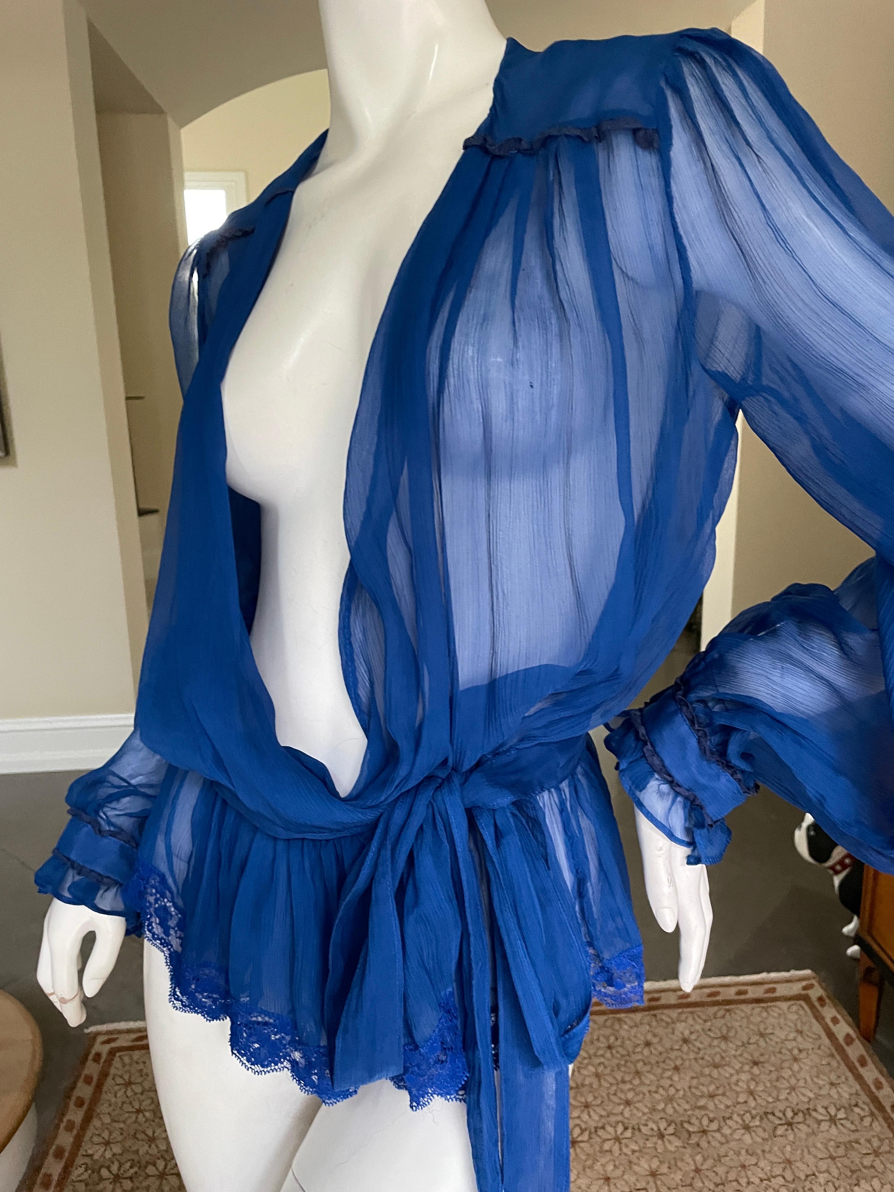 Dolce & Gabbana D&G Plunging Blue Vintage Sheer Silk Blouse  In Excellent Condition For Sale In Cloverdale, CA