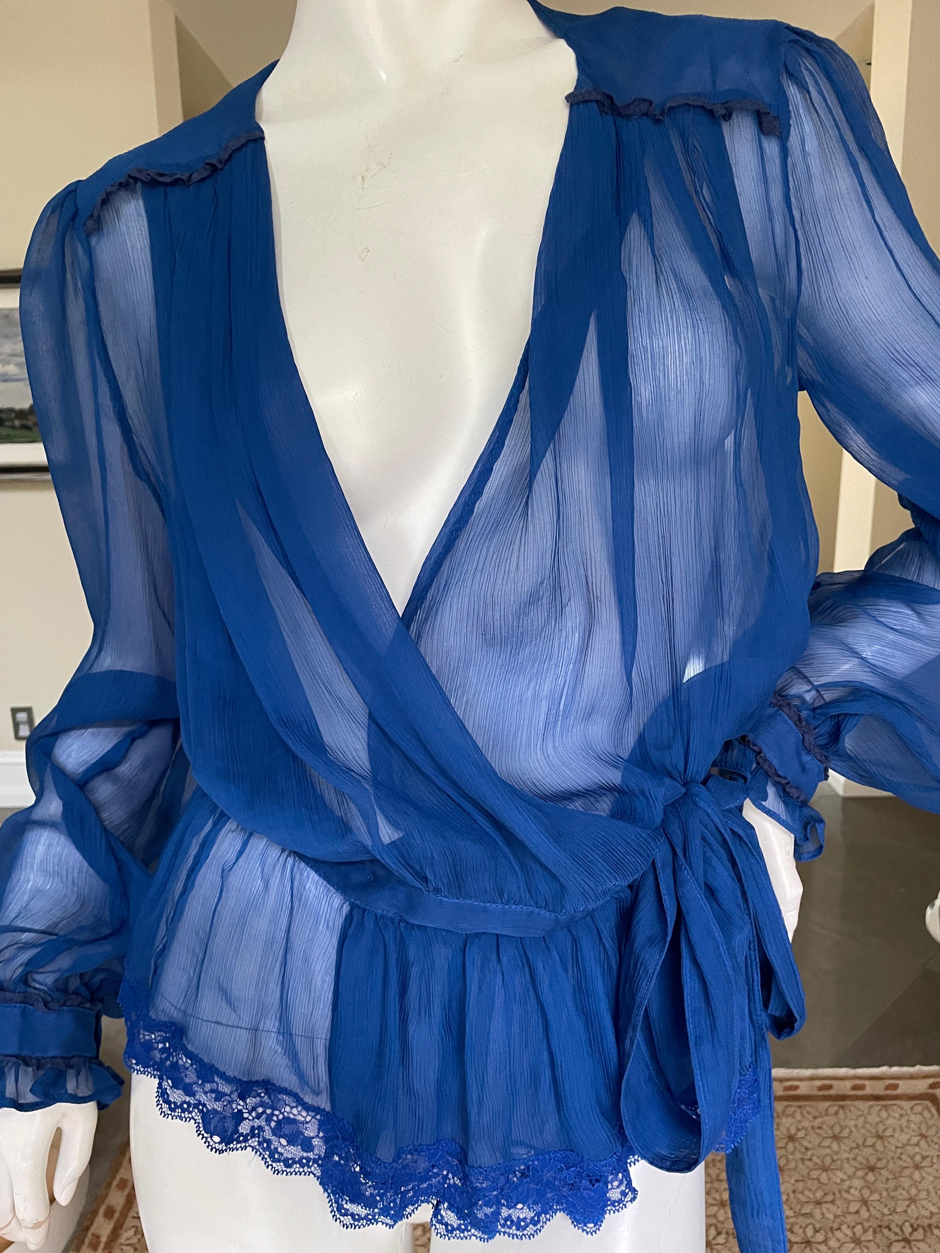 Women's Dolce & Gabbana D&G Plunging Blue Vintage Sheer Silk Blouse  For Sale