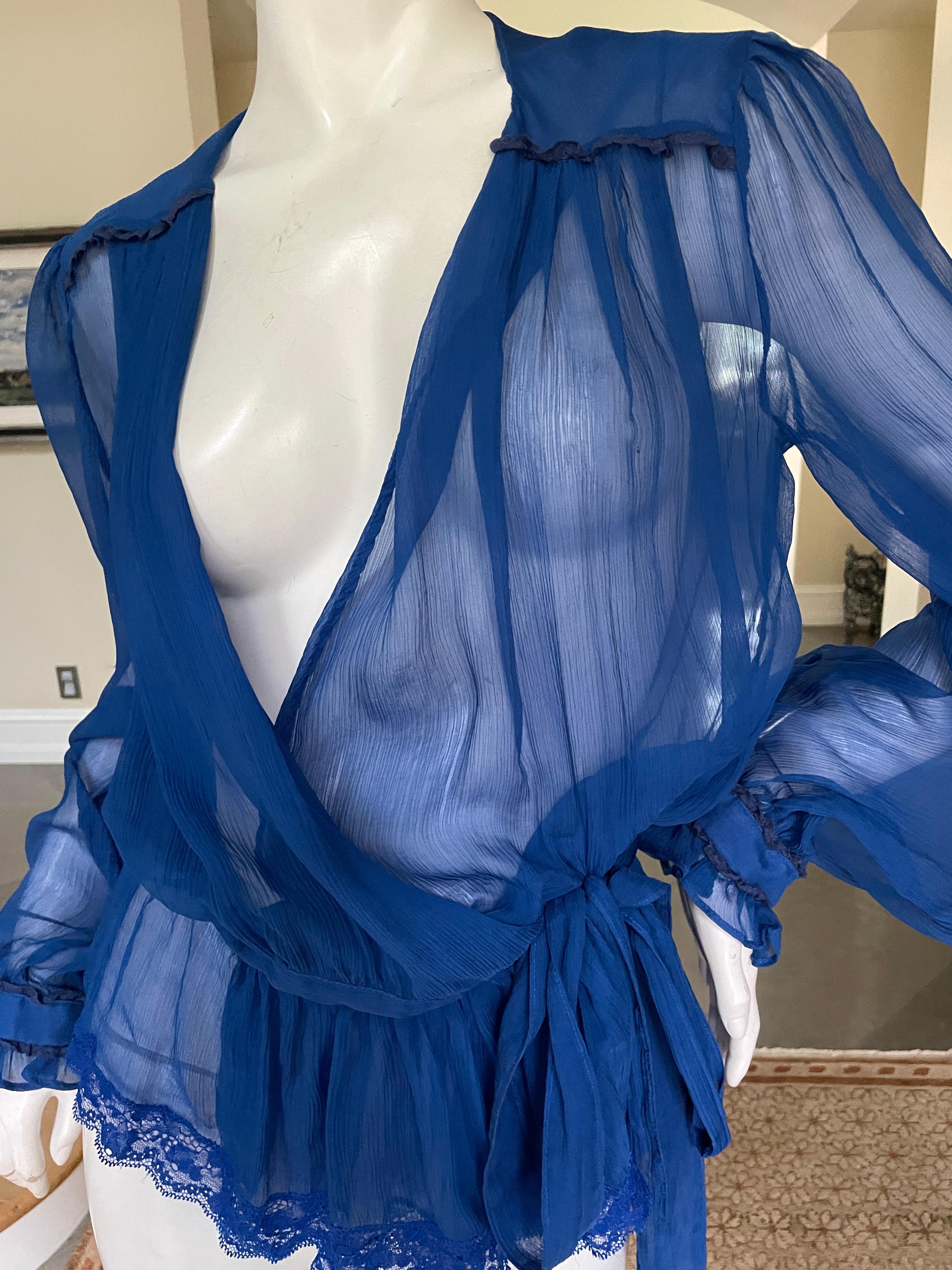 Dolce & Gabbana D&G Plunging Blue Vintage Sheer Silk Blouse  For Sale 1