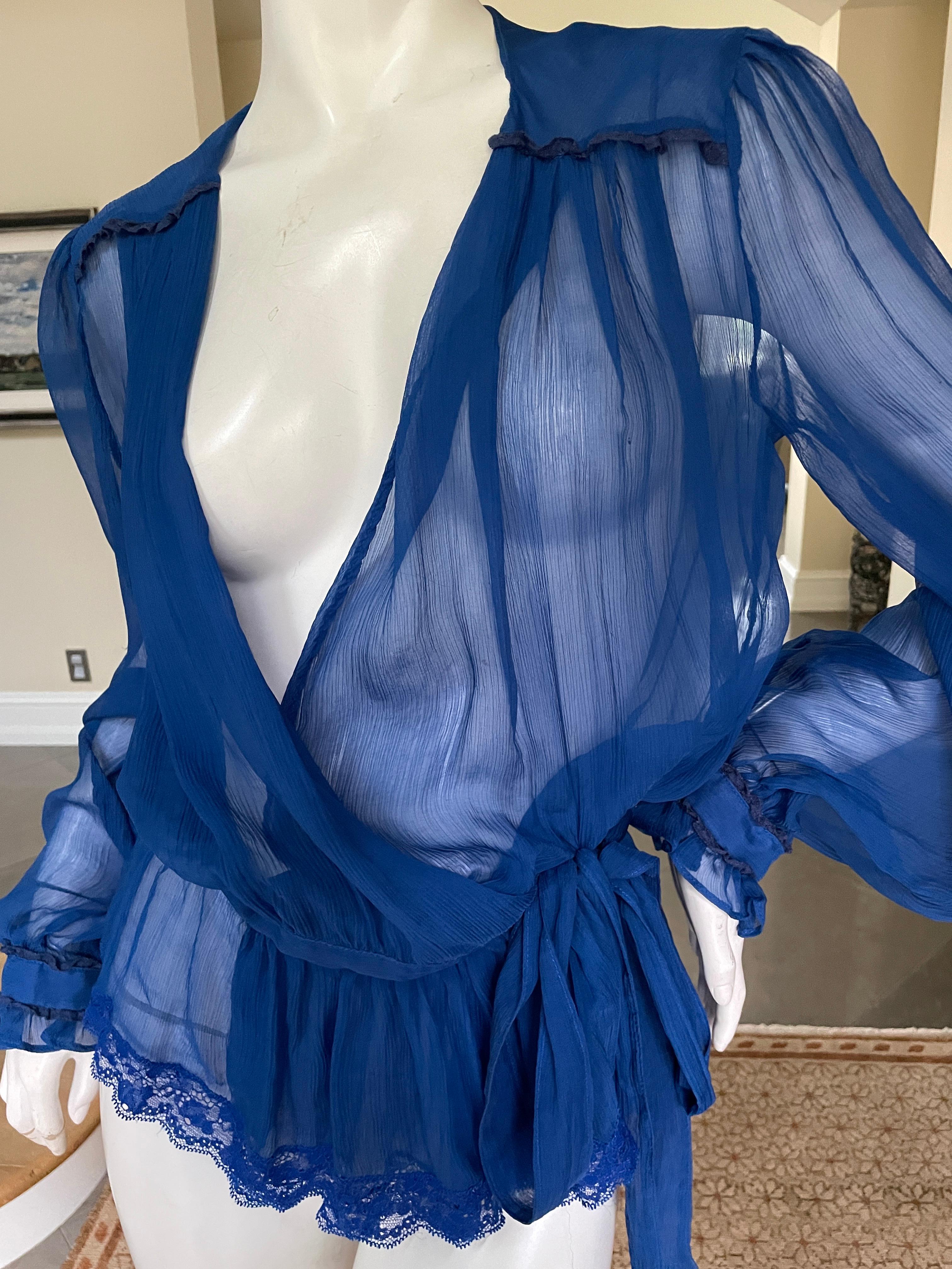 Dolce & Gabbana D&G Plunging Blue Vintage Sheer Silk Blouse  For Sale 2