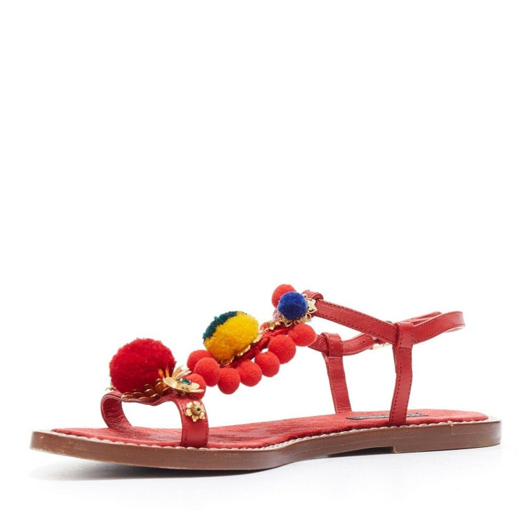 DOLCE GABBANA DG red pom pom gold floral embellished flat sandals shoes ...