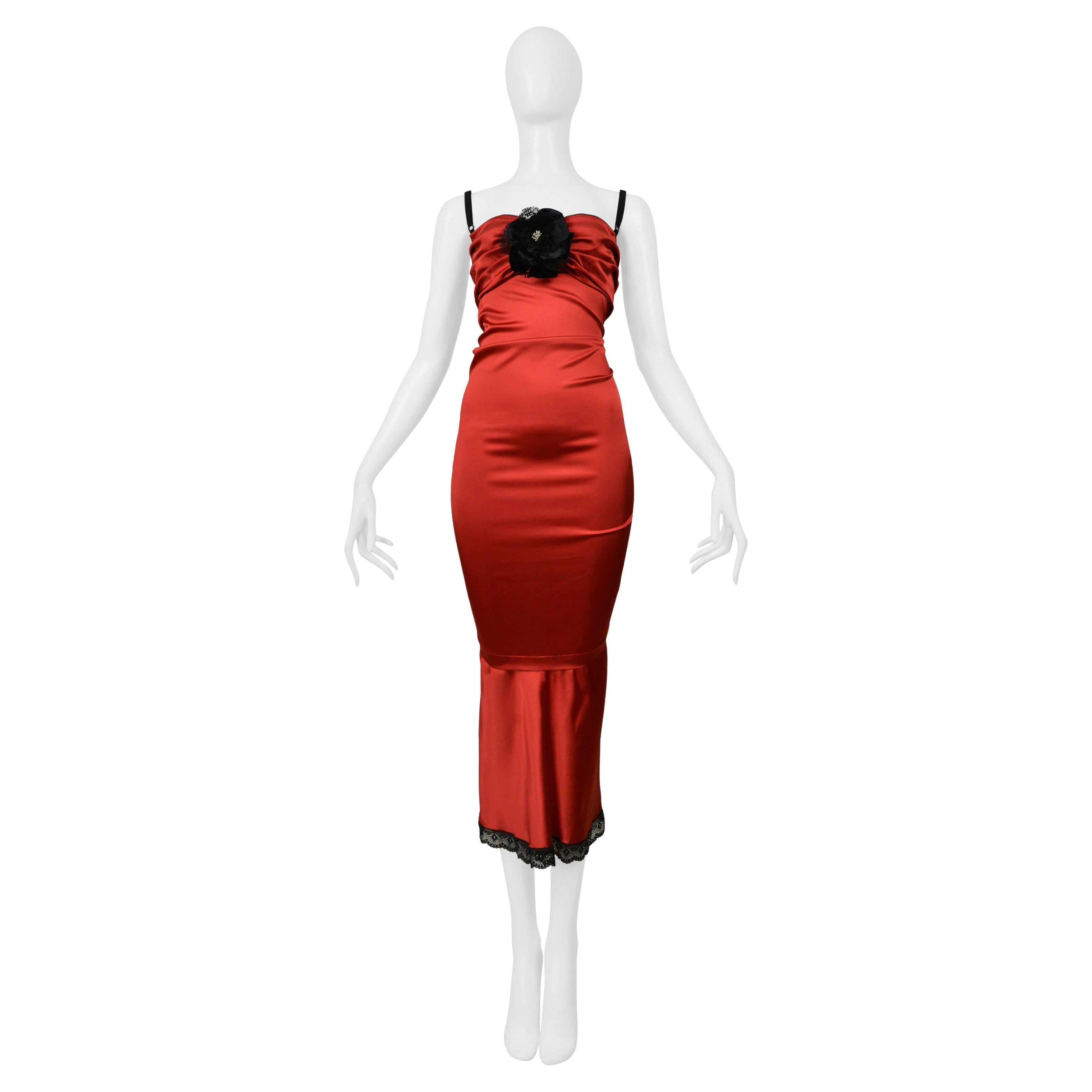 Dolce & Gabbana D&G Red Satin Dress With Black Lace Camellia Flower And Trim