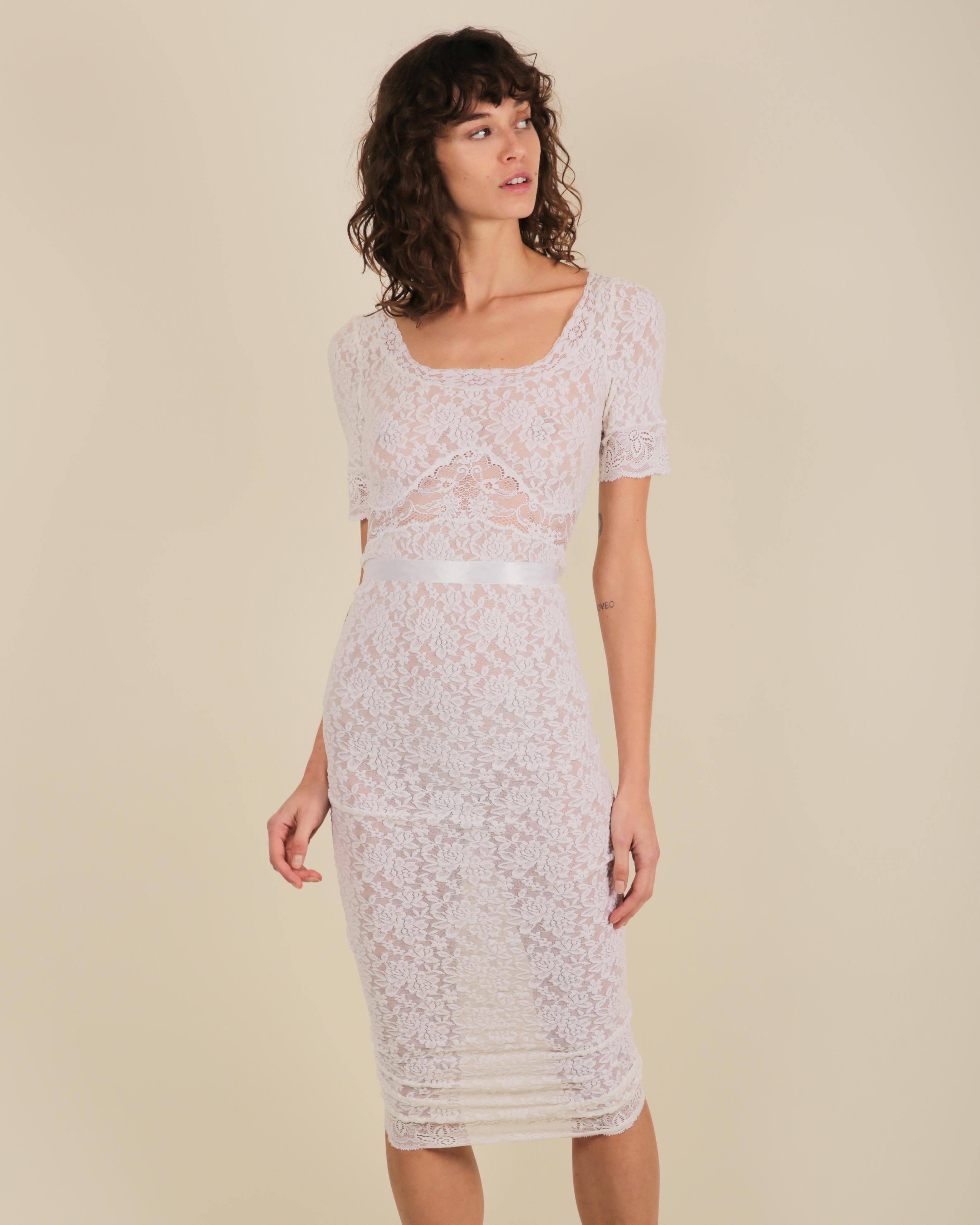 Women's Dolce & Gabbana D&G S/S 2006 white lace sheer ribbon body con dress For Sale