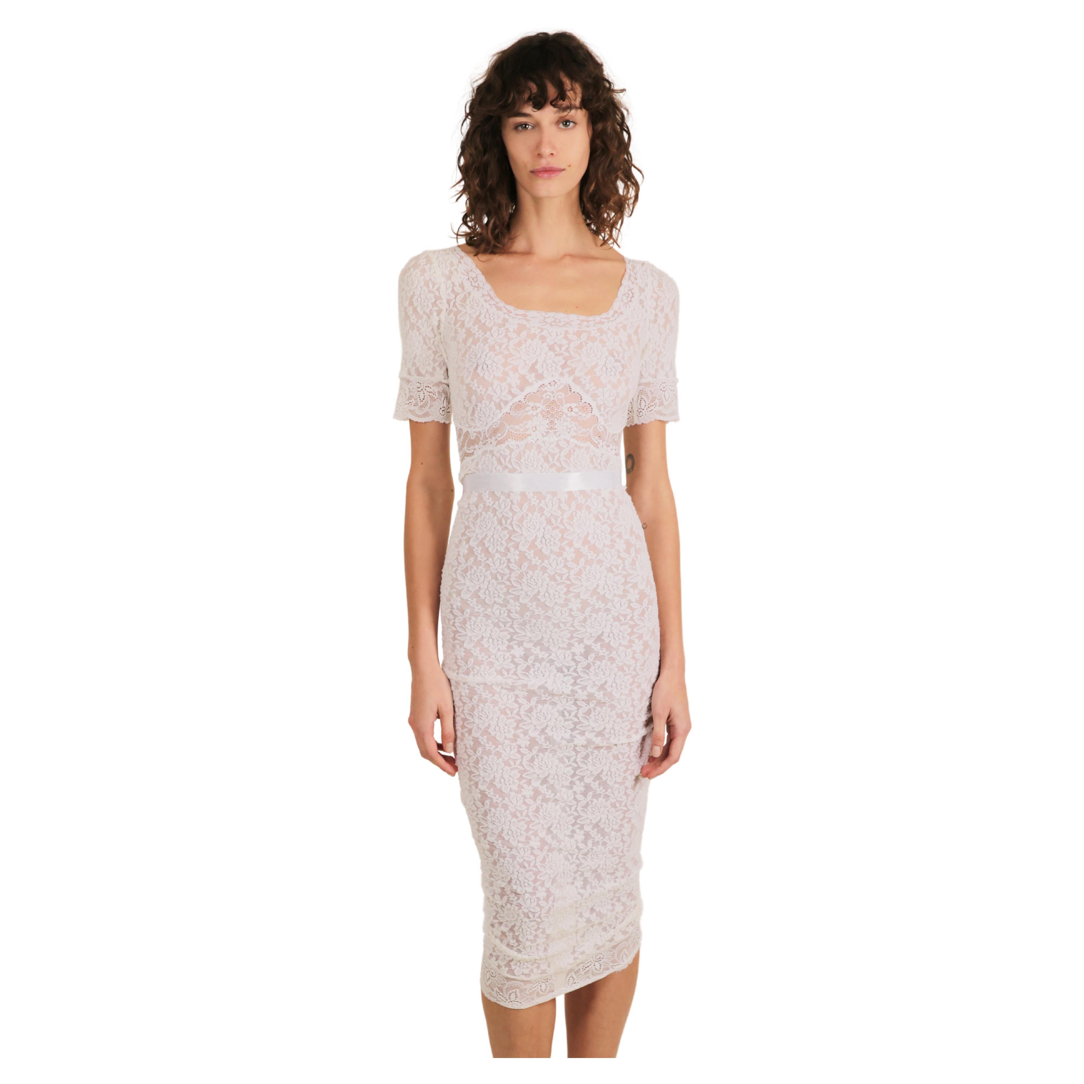 Dolce & Gabbana D&G S/S 2006 white lace sheer ribbon body con dress For Sale