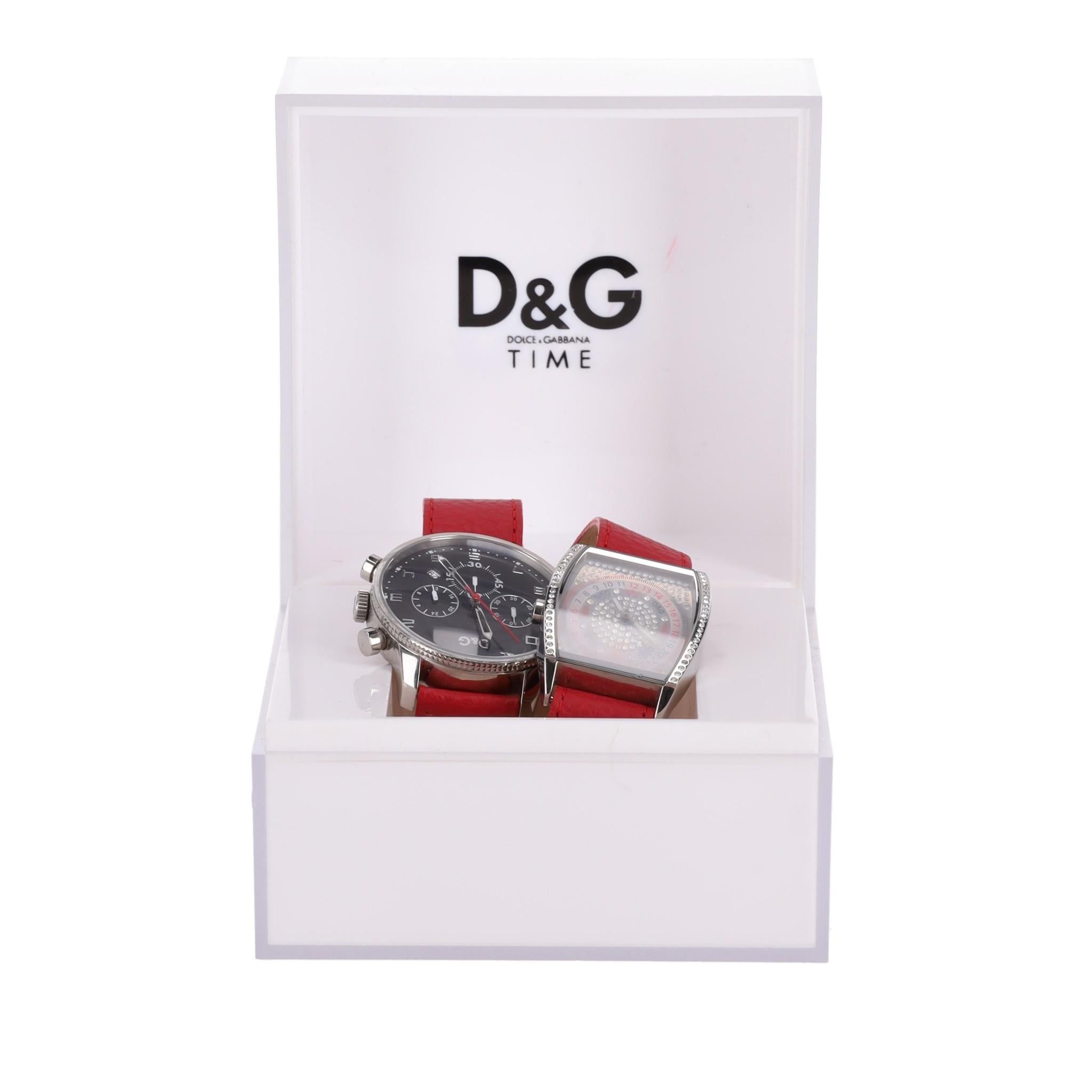 Dolce & Gabbana - D&G Time Two-Dial Crystal Embellished Leather Watch

Unique watch featuring two dials.

The first dial is round with a black display, showing time in a 12-hour format. It includes three sub-dials and a date window.

The second dial