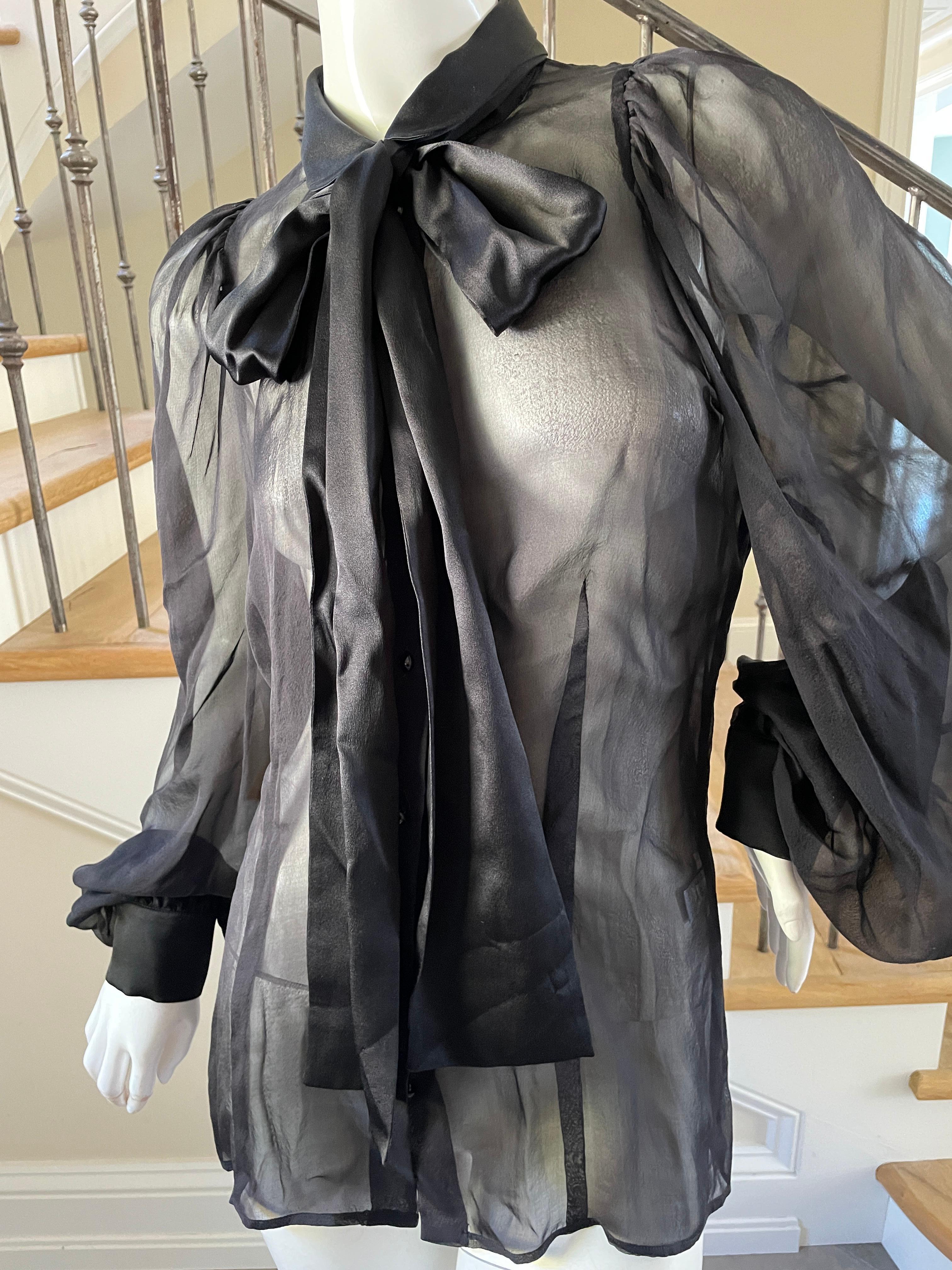 Dolce & Gabbana D&G Vintage Sheer Black Silk Blouse with Pussy Bow In Excellent Condition For Sale In Cloverdale, CA