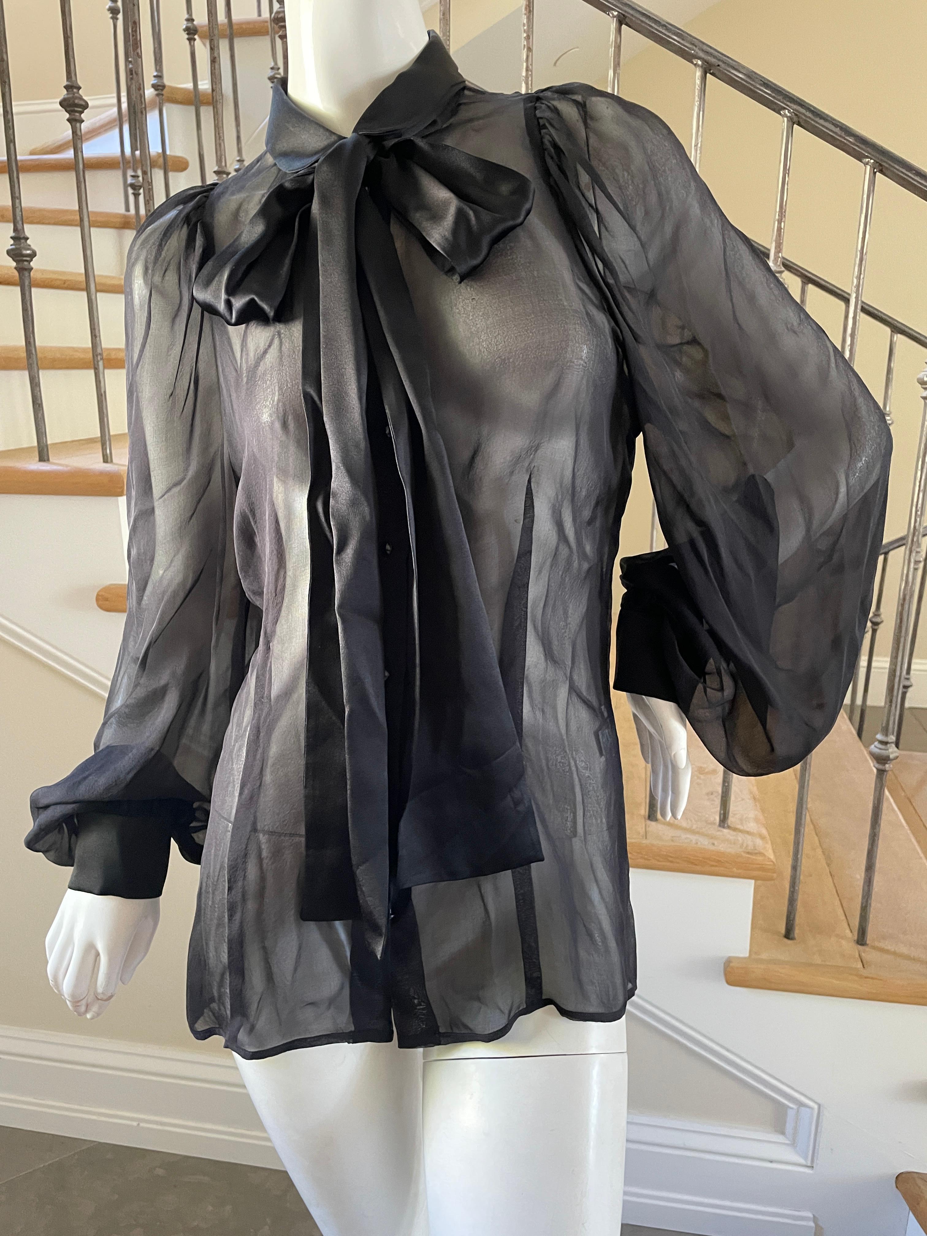 Women's Dolce & Gabbana D&G Vintage Sheer Black Silk Blouse with Pussy Bow For Sale