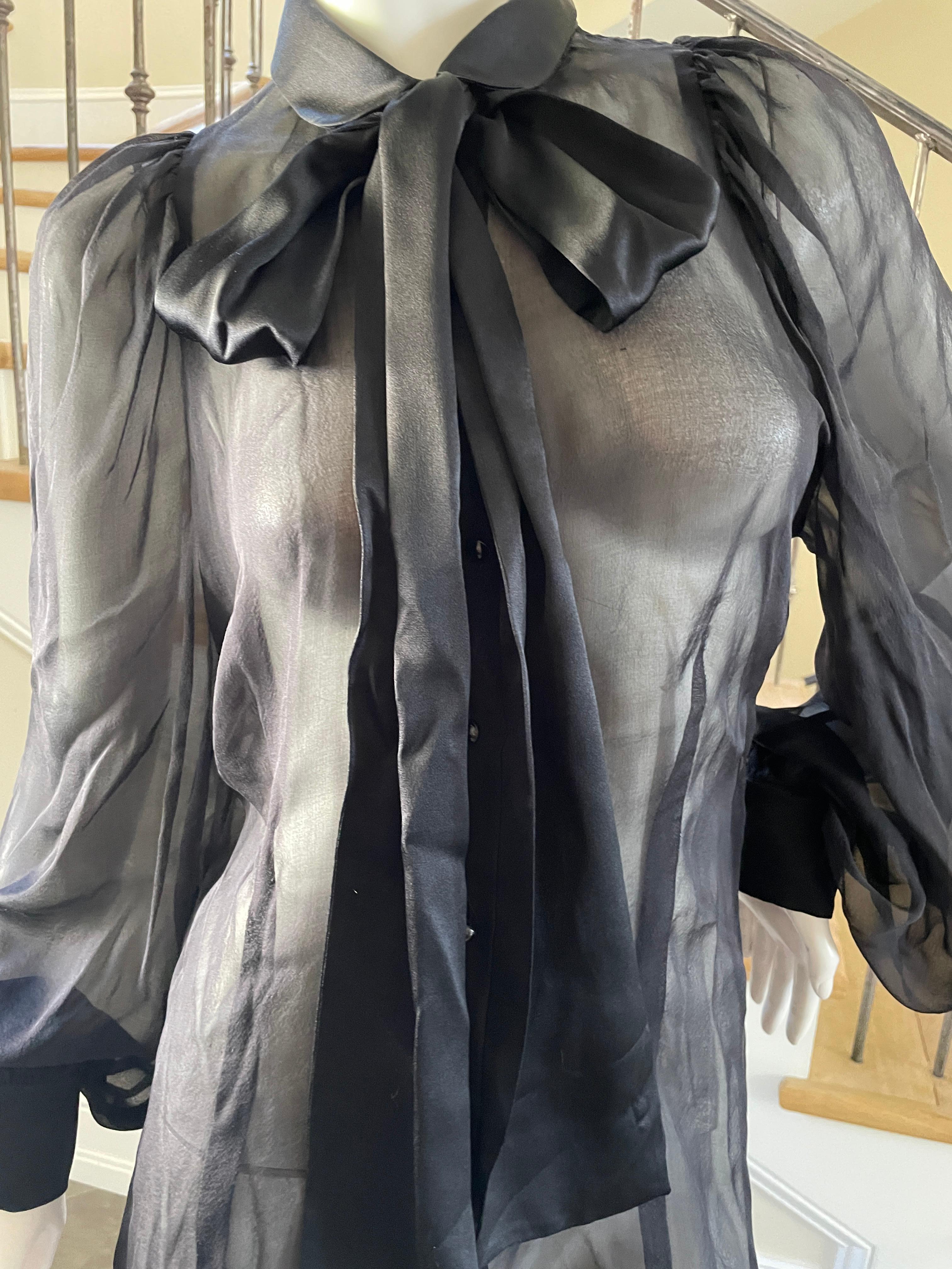 Dolce & Gabbana D&G Vintage Sheer Black Silk Blouse with Pussy Bow For Sale 2
