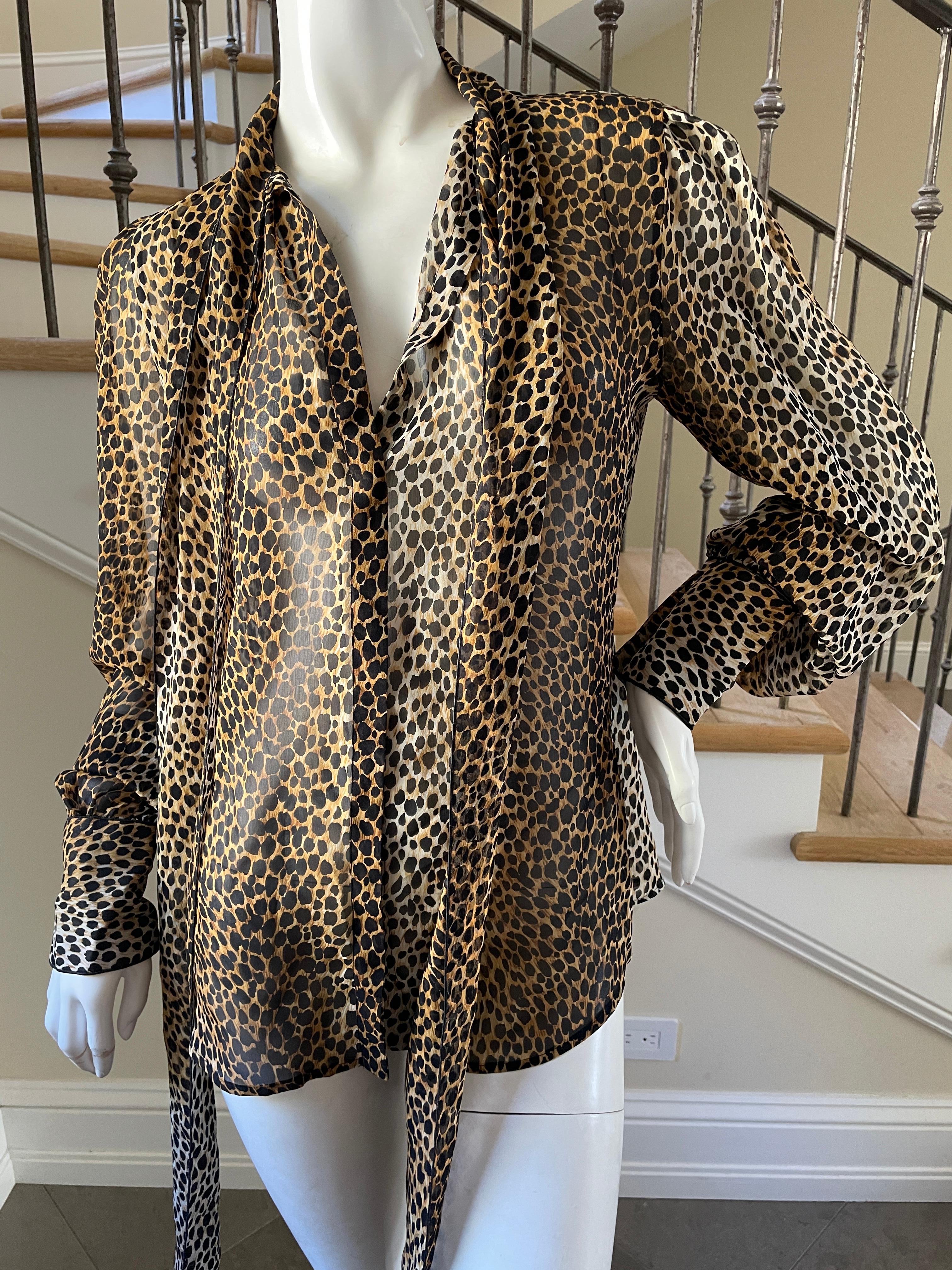 Women's Dolce & Gabbana D&G Vintage Sheer Silk Leopard Print Blouse with Pussy Bow 2009 For Sale