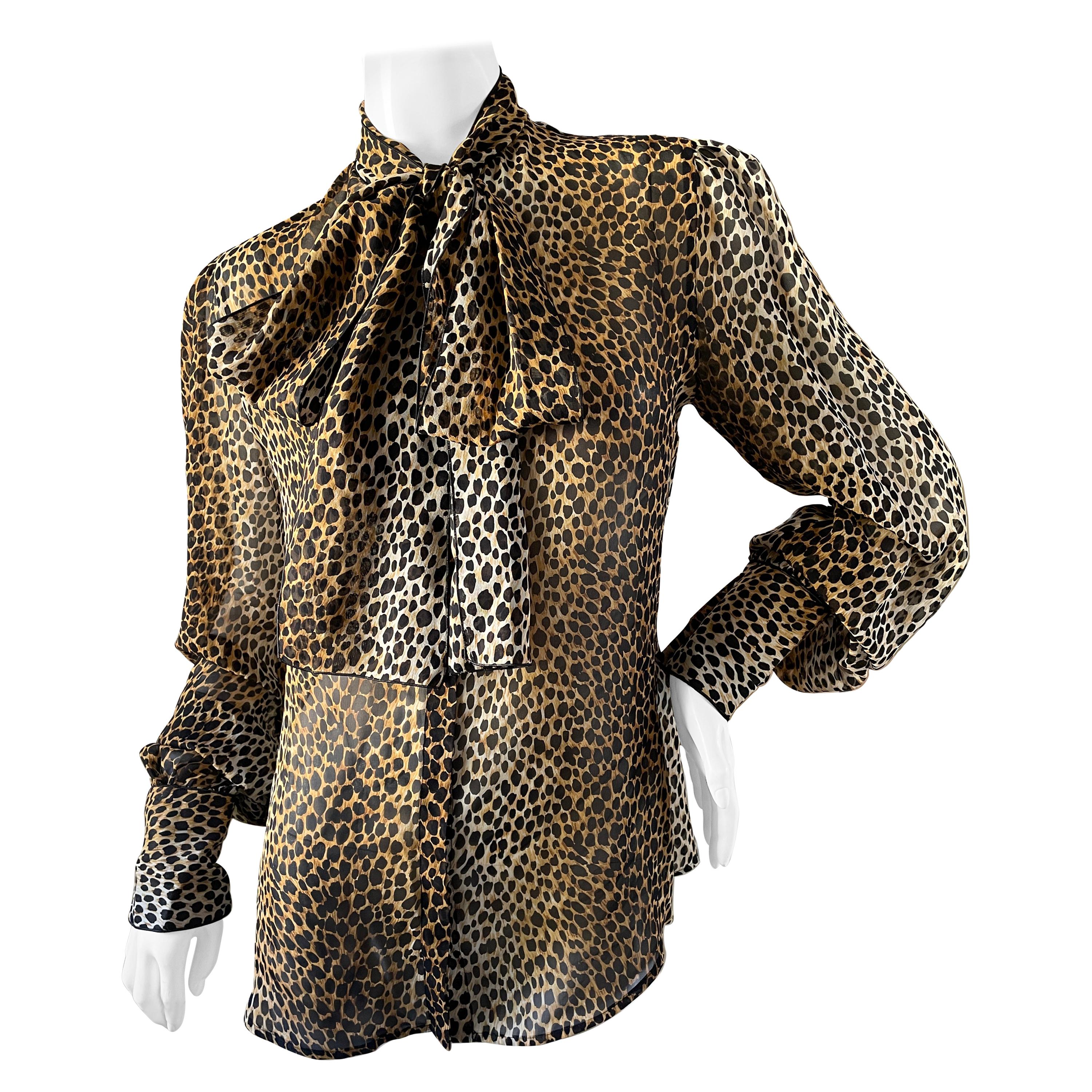 Dolce & Gabbana D&G Vintage Sheer Silk Leopard Print Blouse with Pussy Bow 2009 For Sale