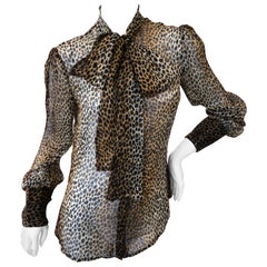 Dolce & Gabbana D&G Vintage Sheer Silk Leopard Print Blouse with Pussy Bow