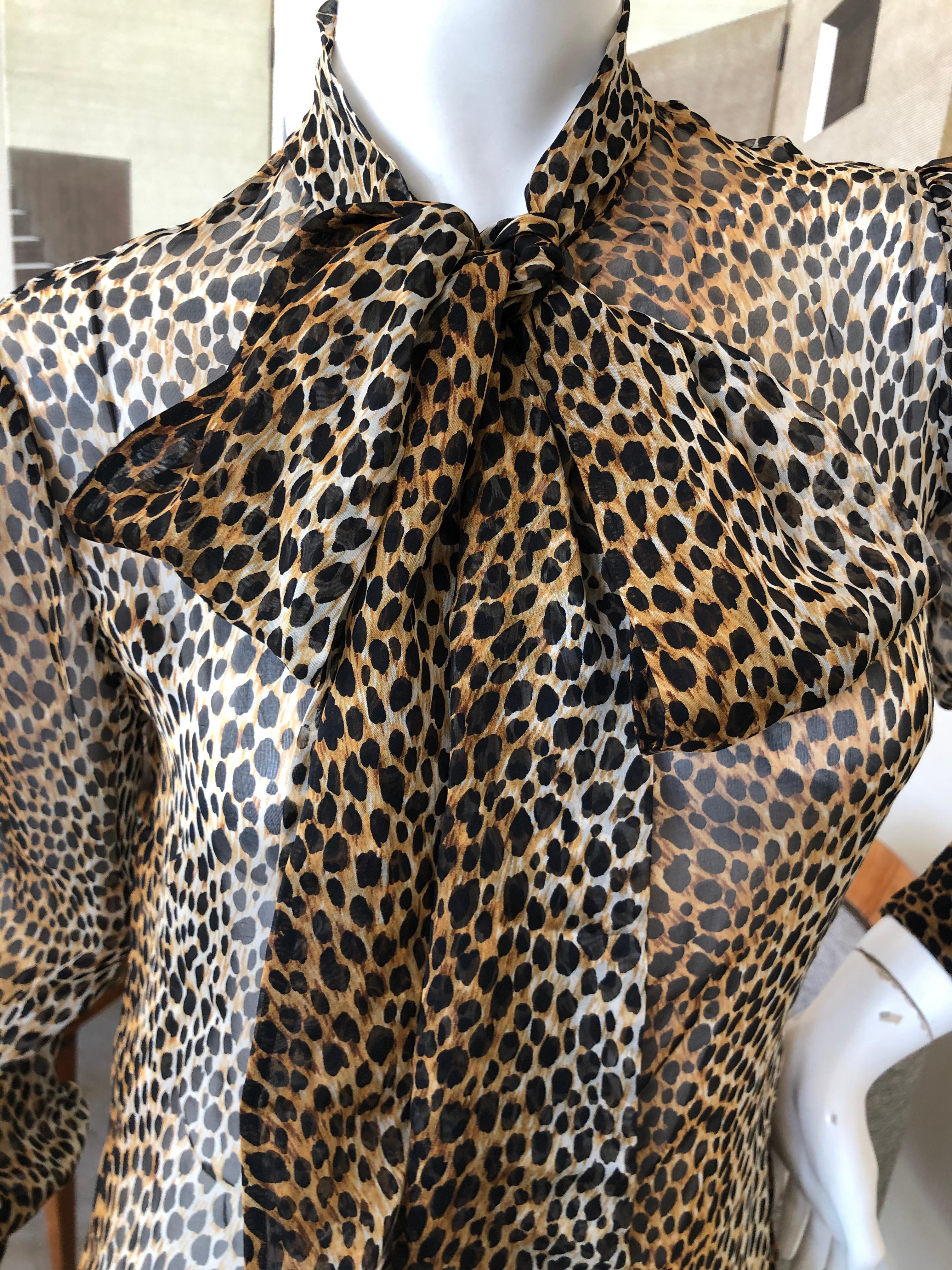 Black Dolce & Gabbana D&G Vintage Sheer Silk Leopard Print Blouse with Pussy Bow Sz 48 For Sale
