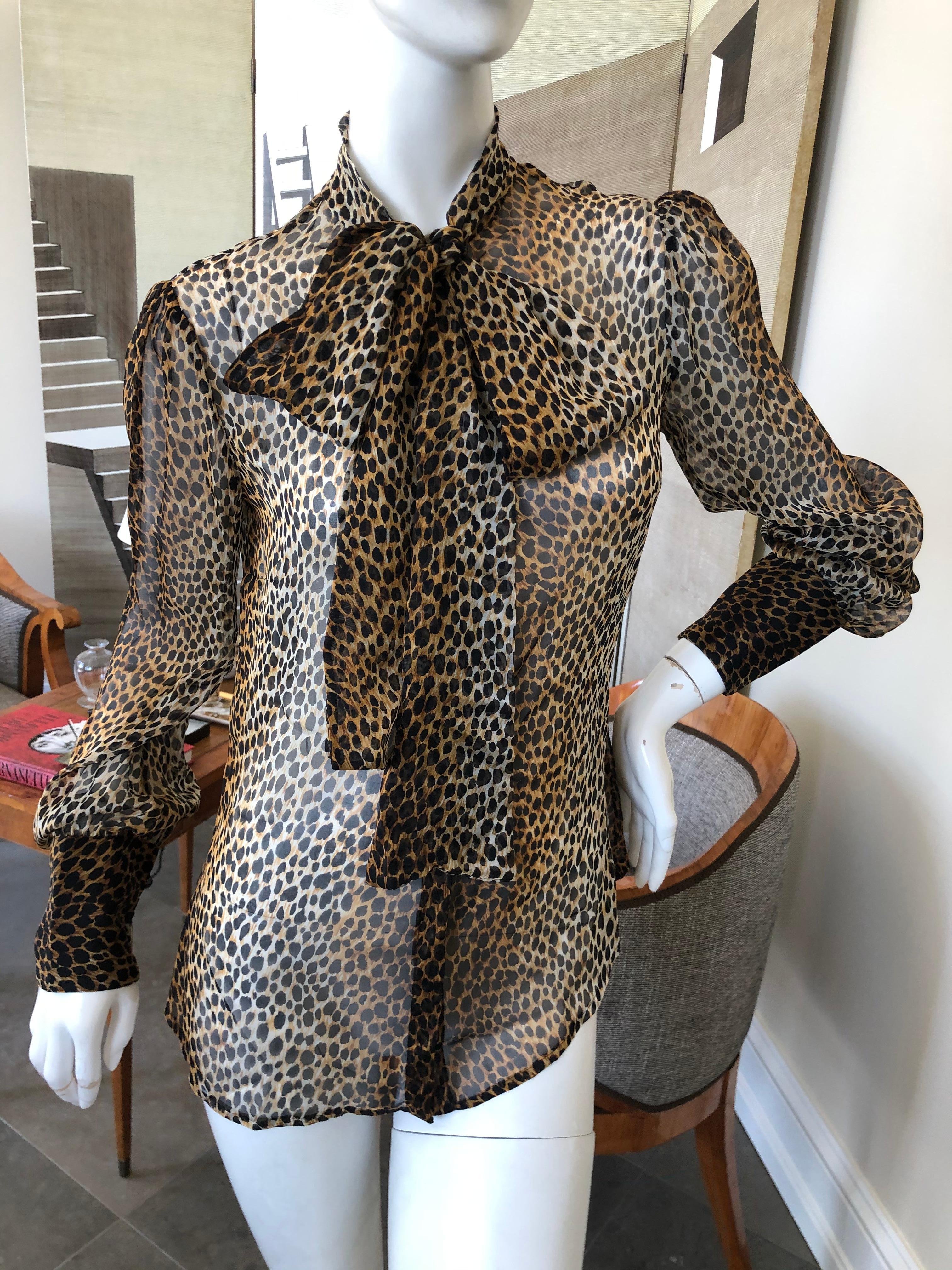 Dolce & Gabbana D&G Vintage Sheer Silk Leopard Print Blouse with Pussy Bow Sz 48 In Excellent Condition For Sale In Cloverdale, CA