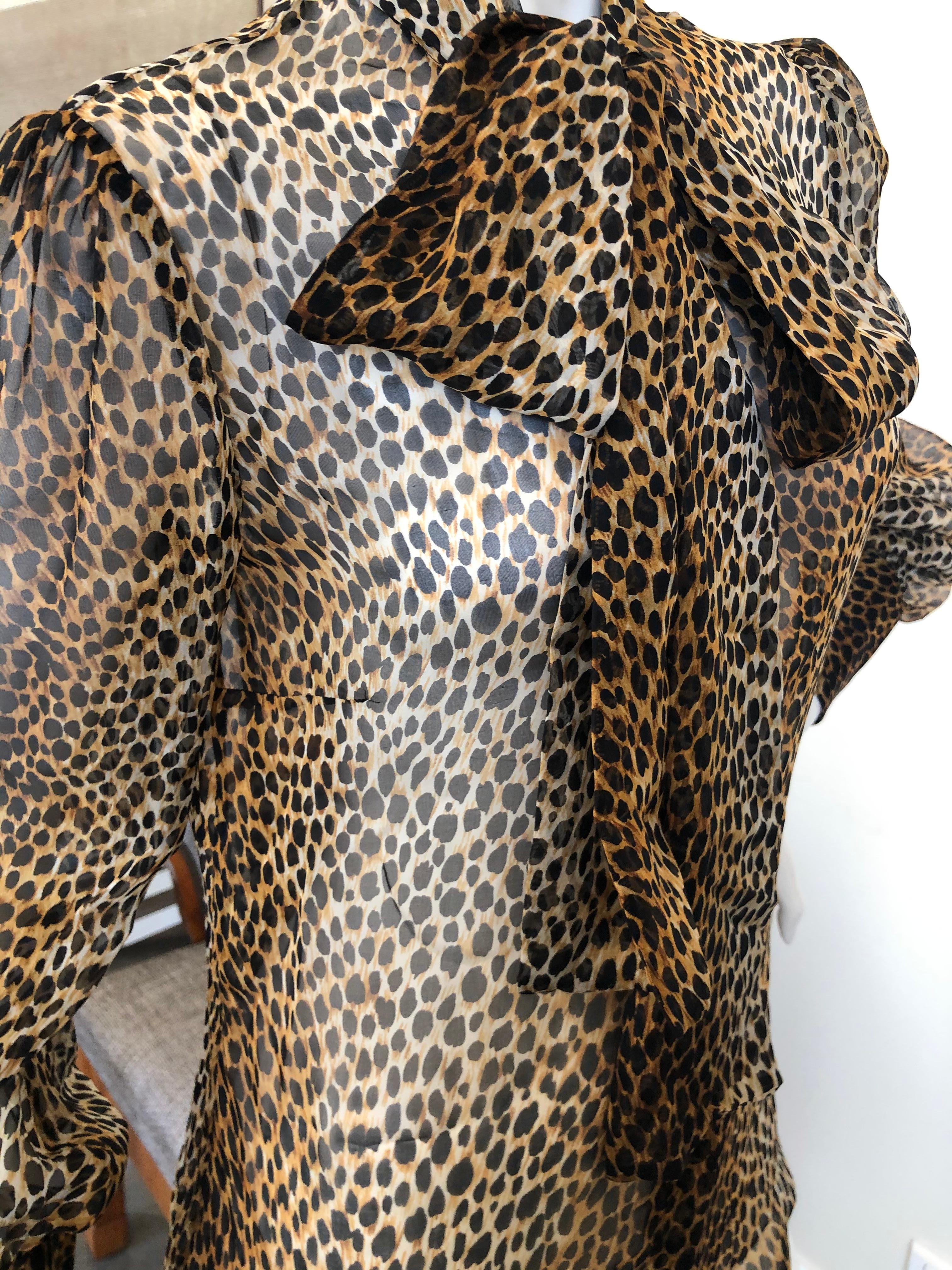 Women's Dolce & Gabbana D&G Vintage Sheer Silk Leopard Print Blouse with Pussy Bow Sz 48 For Sale