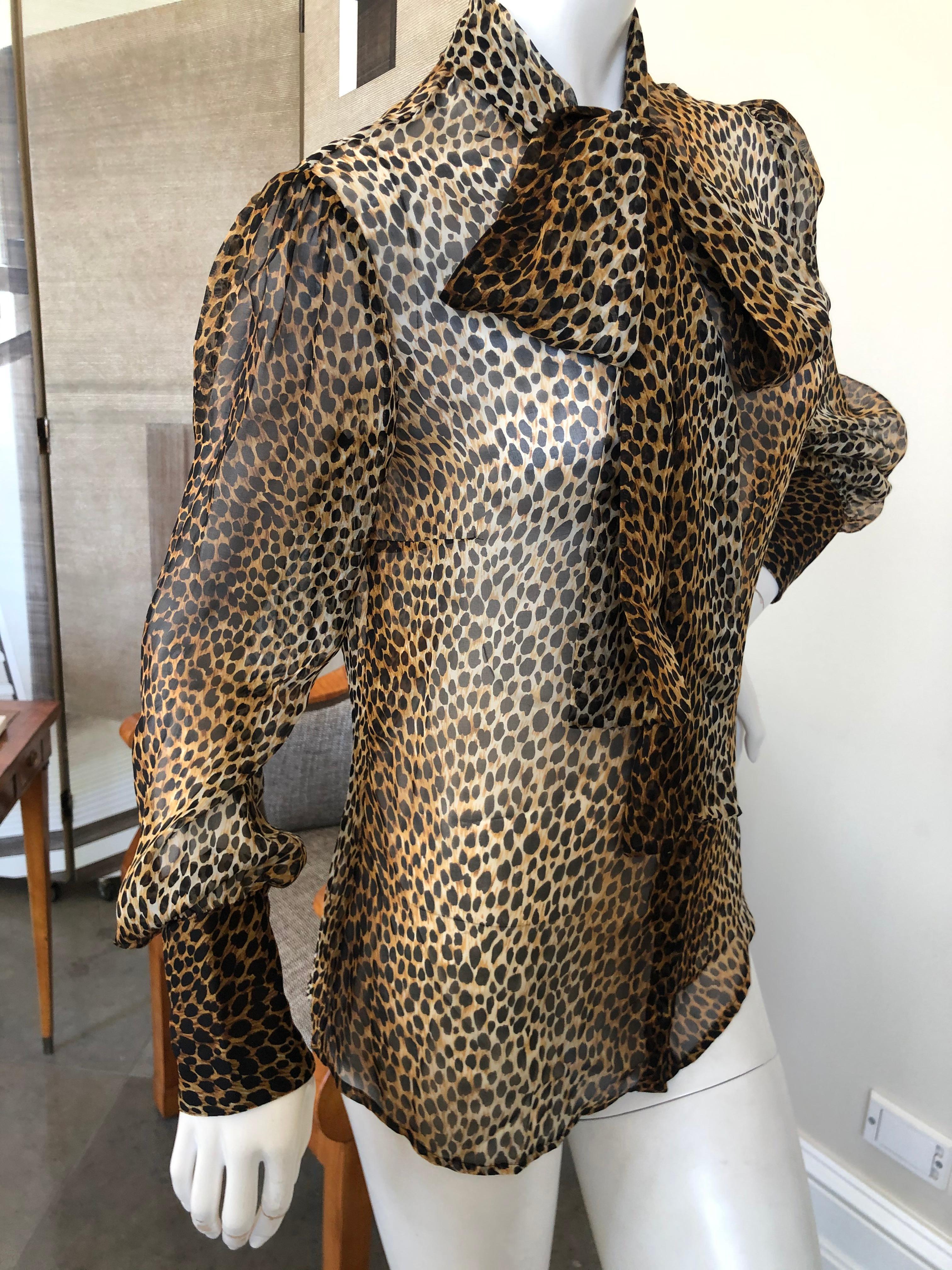 Dolce & Gabbana D&G Vintage Sheer Silk Leopard Print Blouse with Pussy Bow Sz 48 For Sale 1