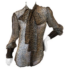 Dolce & Gabbana D&G Vintage Sheer Silk Leopard Print Blouse with Pussy Bow Sz 48