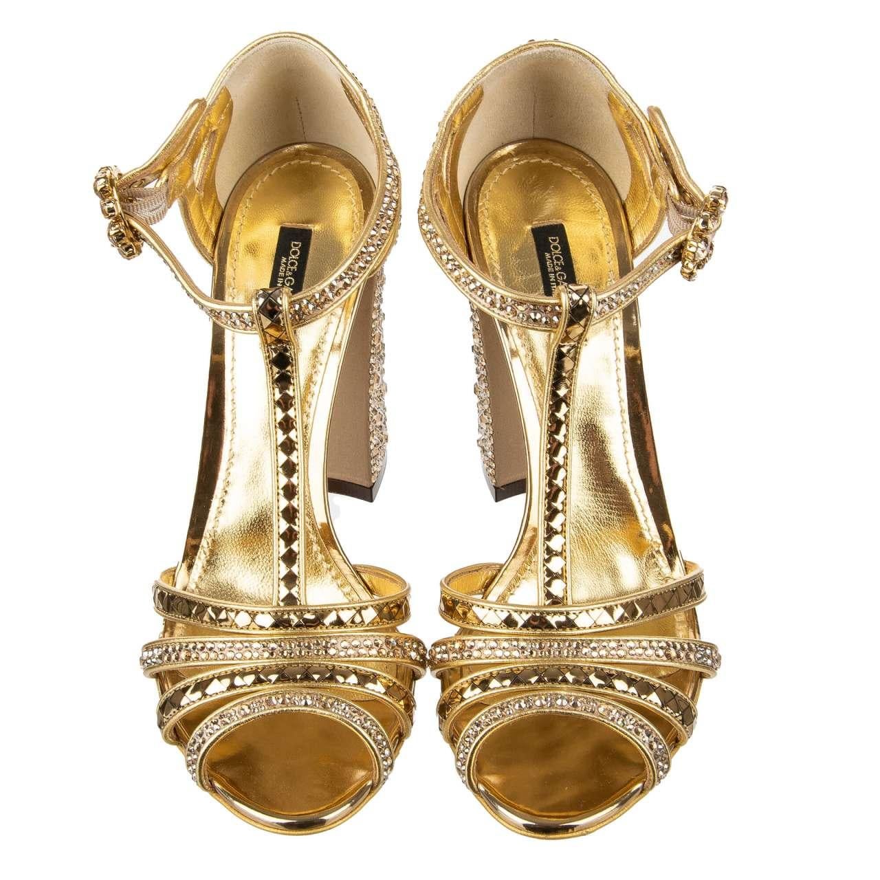 - Leather and Silk High Heel Sandals KEIRA with Disco ball pattern, crystal embellished block heel and buckle in gold by DOLCE & GABBANA - MADE IN ITALY - RUNWAY - Dolce & Gabbana Fashion Show - Former RRP: EUR 1.350 - New with Box - Model: