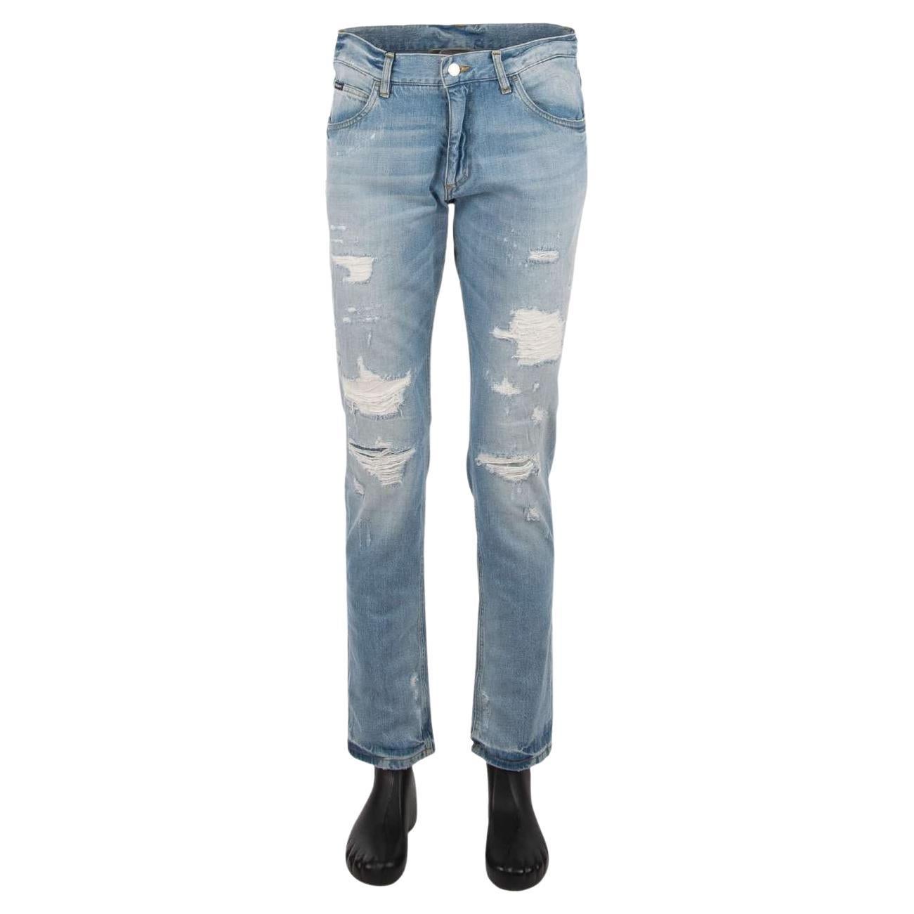 Dolce & Gabbana - Distressed Jeans with Logo Plate Light Blue 48 For Sale