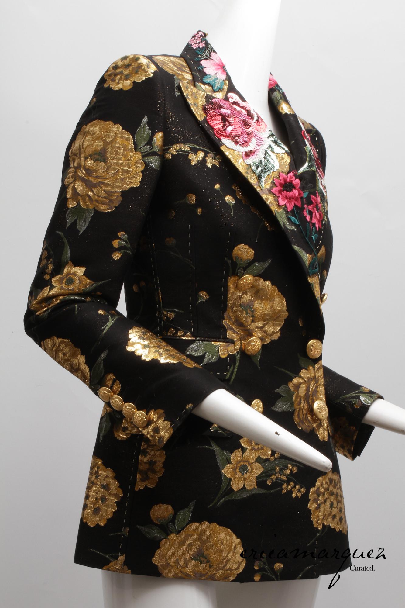 DOLCE & Gabbana, Veste en jacquard lamé métallique à fleurs Turlington à double boutonnage Excellent état - En vente à Kingston, NY