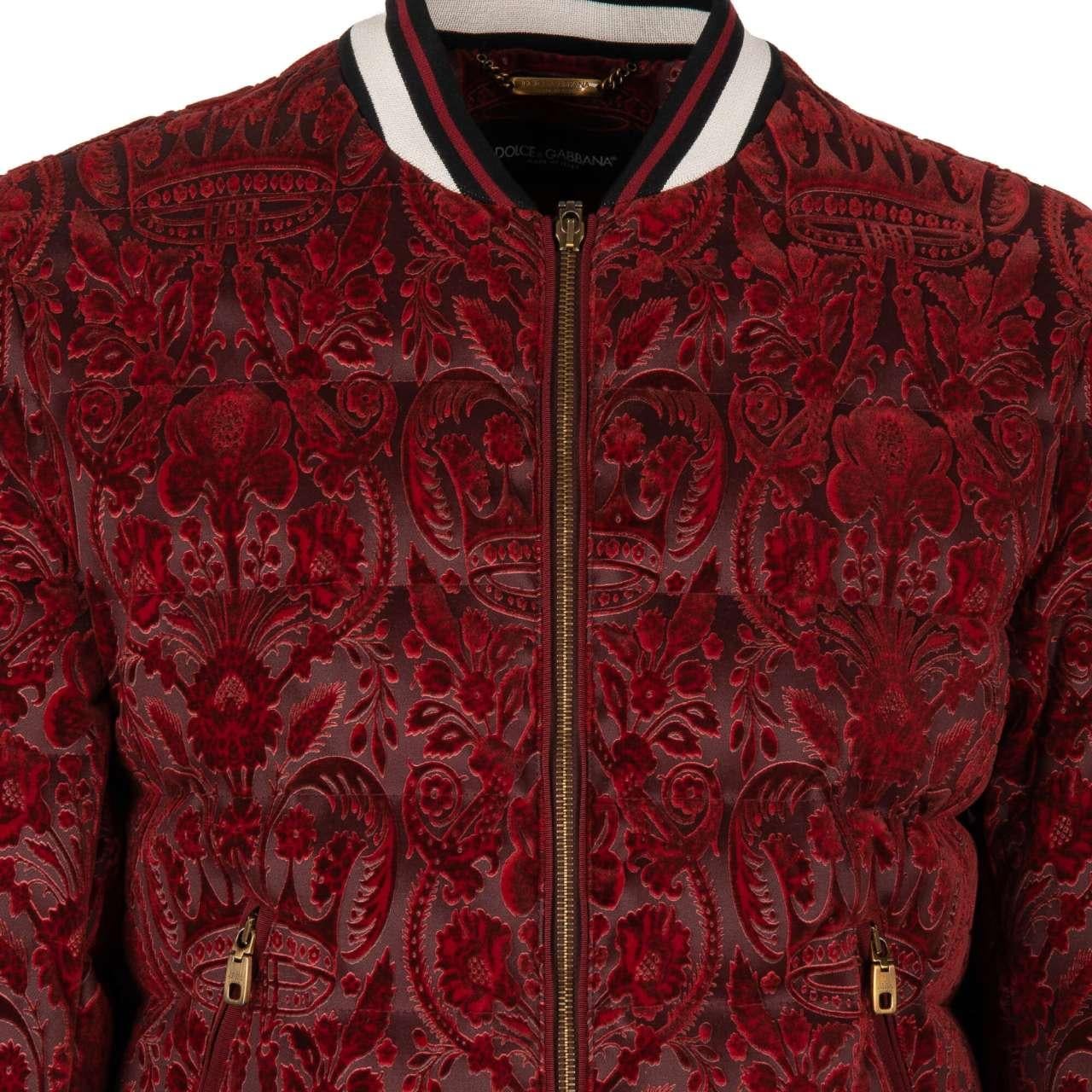 Men's Dolce & Gabbana Down Bomber Jacket with Baroque Brocade Crowns Red 44 For Sale
