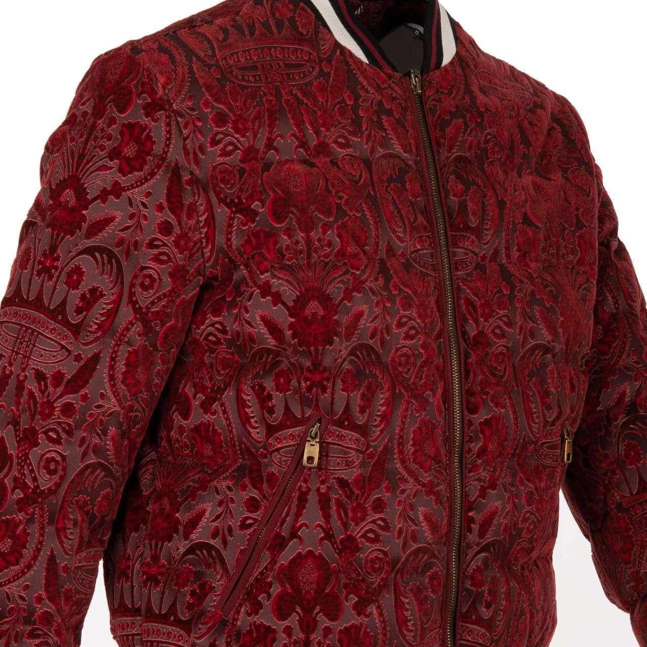Dolce & Gabbana Down Bomber Jacket with Baroque Brocade Crowns Red 44 For Sale 1