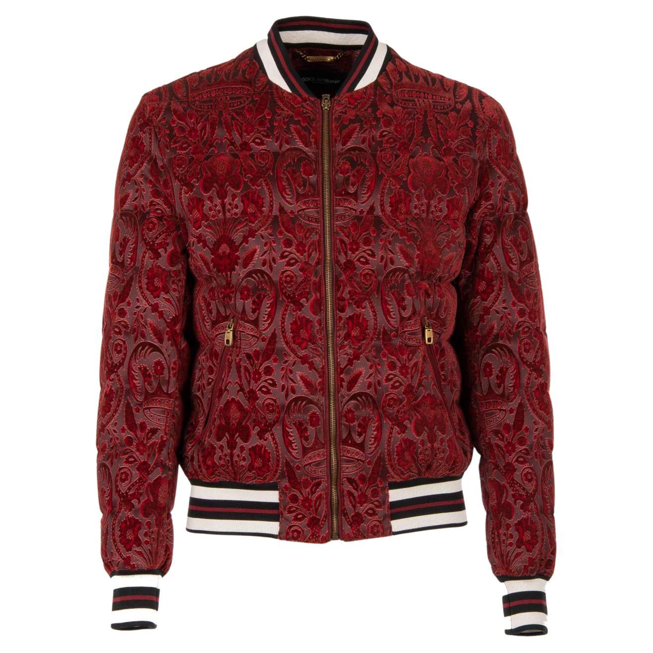 Dolce & Gabbana Down Bomber Jacket with Baroque Brocade Crowns Red 44 For Sale
