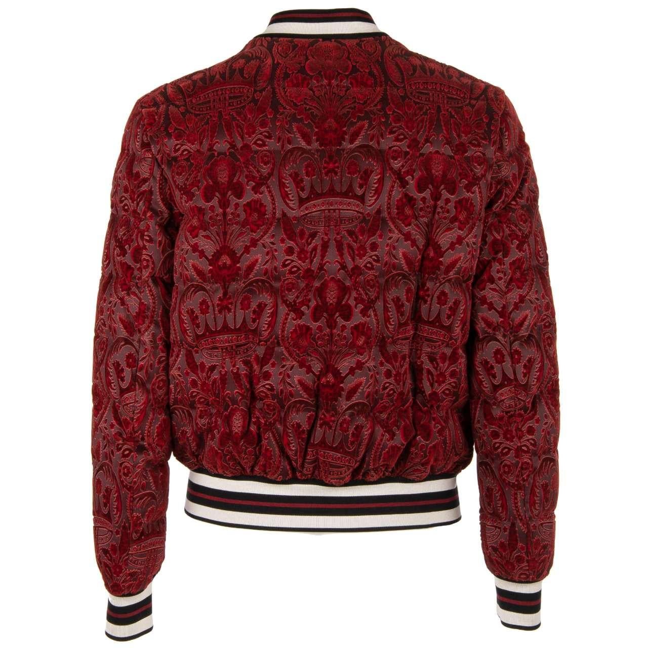 - Down stuffed, baroque brocade bomber jacket with velvet crown and flowers texture, knit details and zipped pockets by DOLCE & GABBANA - Former RRP: EUR 2.450 - New with tag - Slim Fit - MADE IN ITALY - Model: G9PO7T-FSWBP-HS25A - Material: 98%