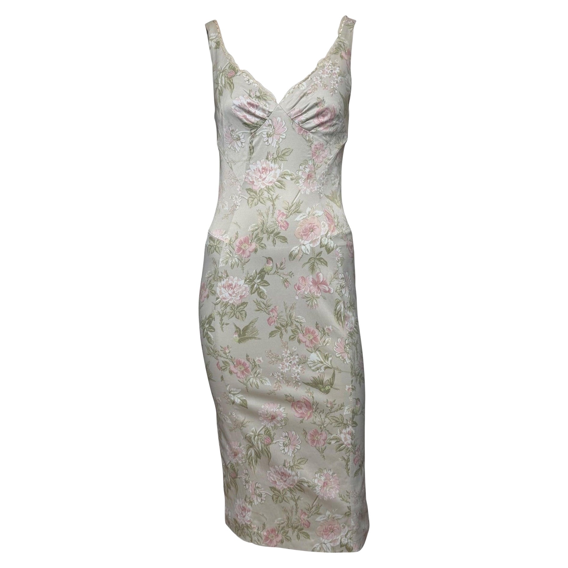 Dolce & Gabbana Frühe 2000er Jahre Floral Hummingbird Seidenslipkleid