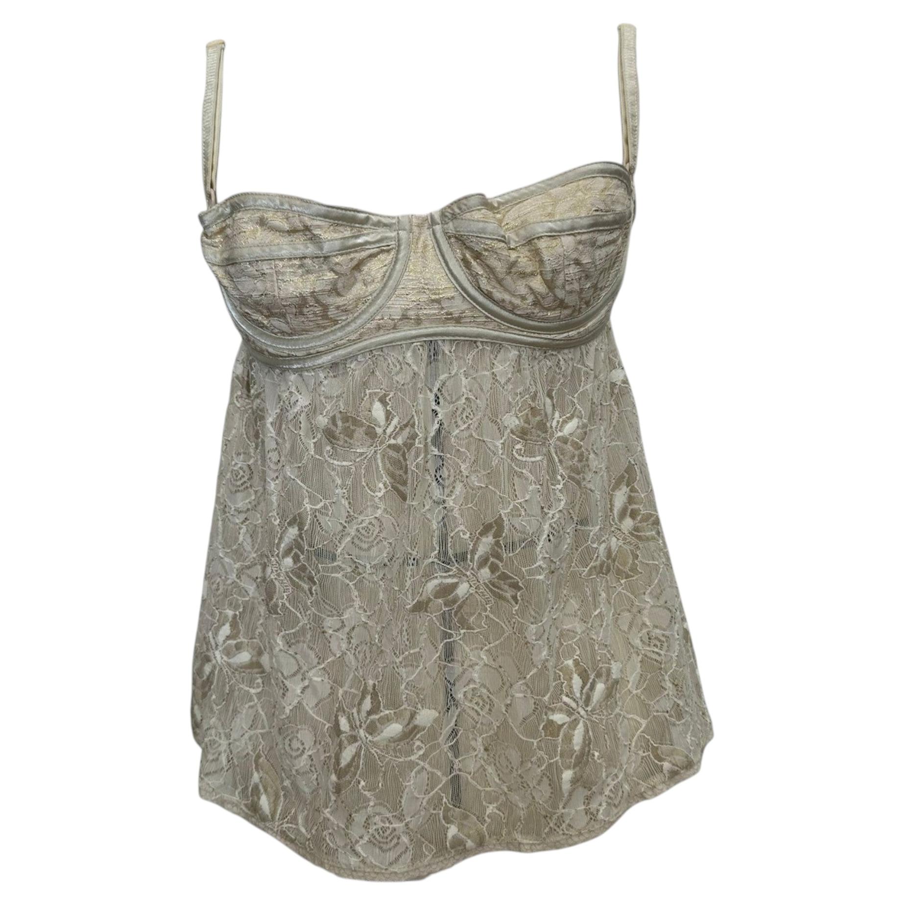 Dolce & Gabbana Early 2000s White Lace Metallic Bustier Top