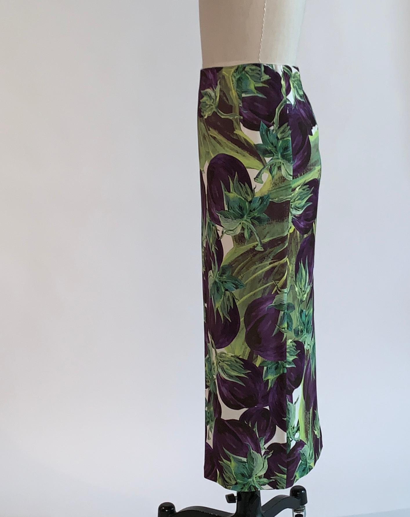 Black Dolce & Gabbana Eggplant Aubergine Print Midi Pencil Skirt Purple and Green 