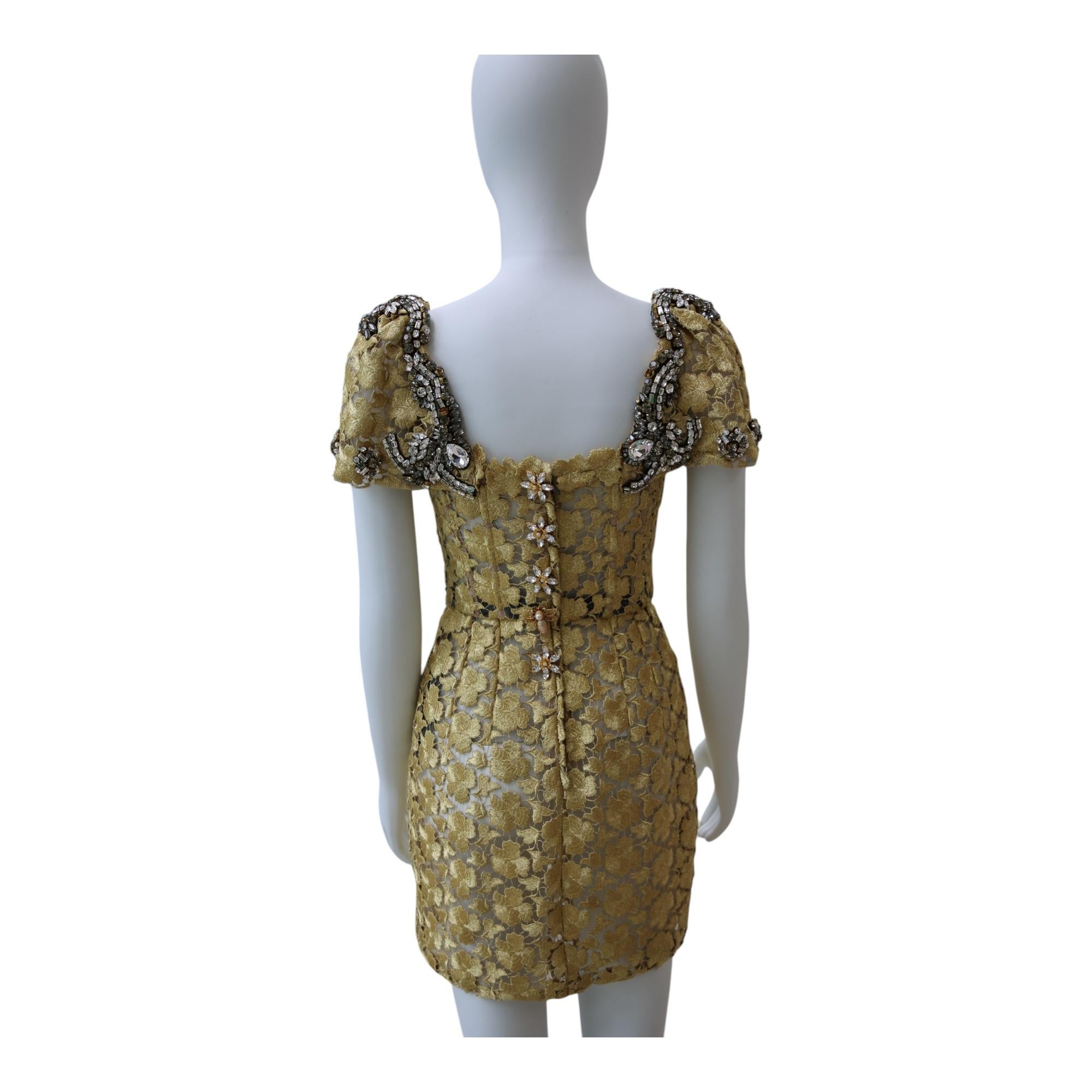 Dolce & Gabbana Embellished Gold Lace Mini Dress – RARE FIND In Excellent Condition For Sale In Dallas, TX