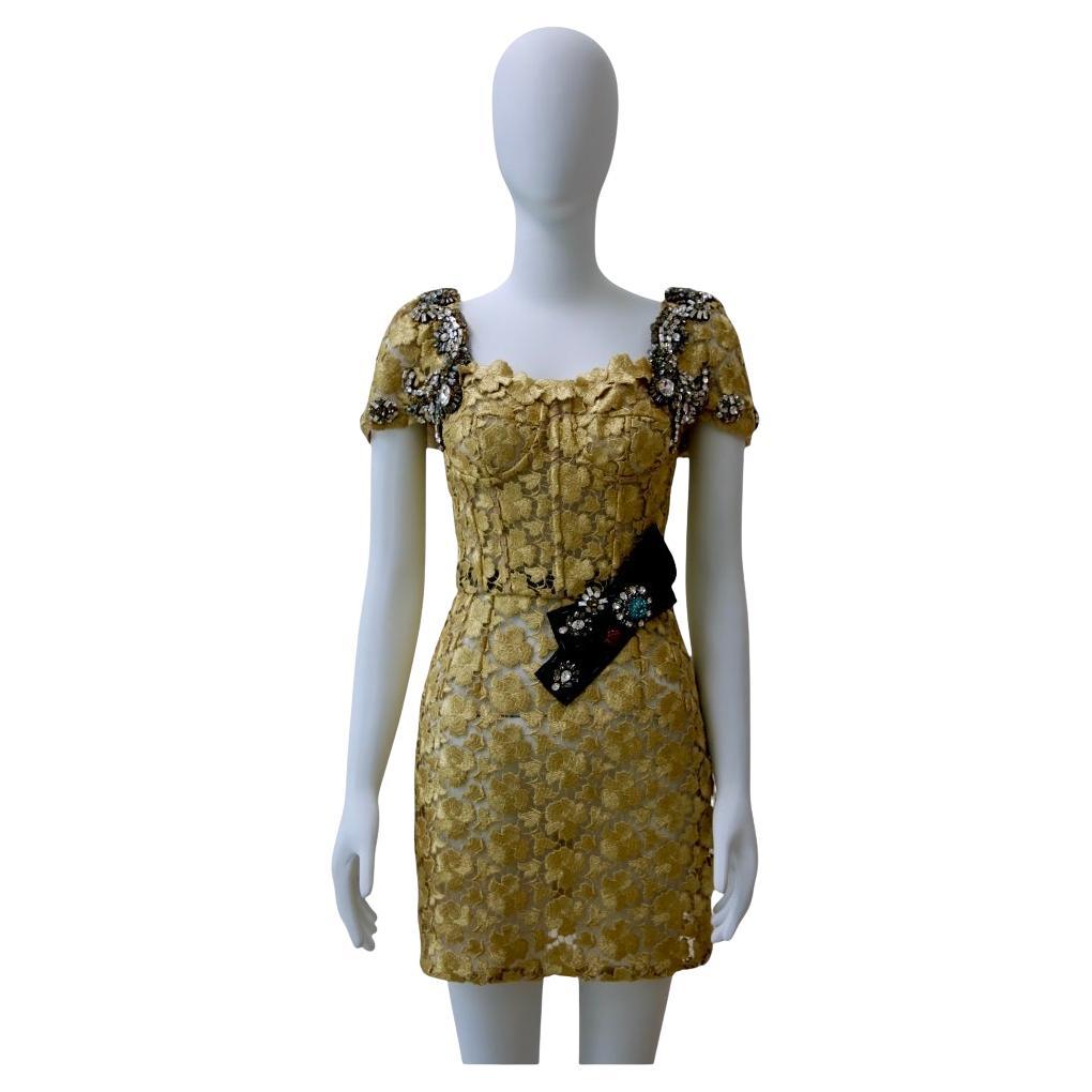 Dolce & Gabbana Embellished Gold Lace Mini Dress – RARE FIND For Sale