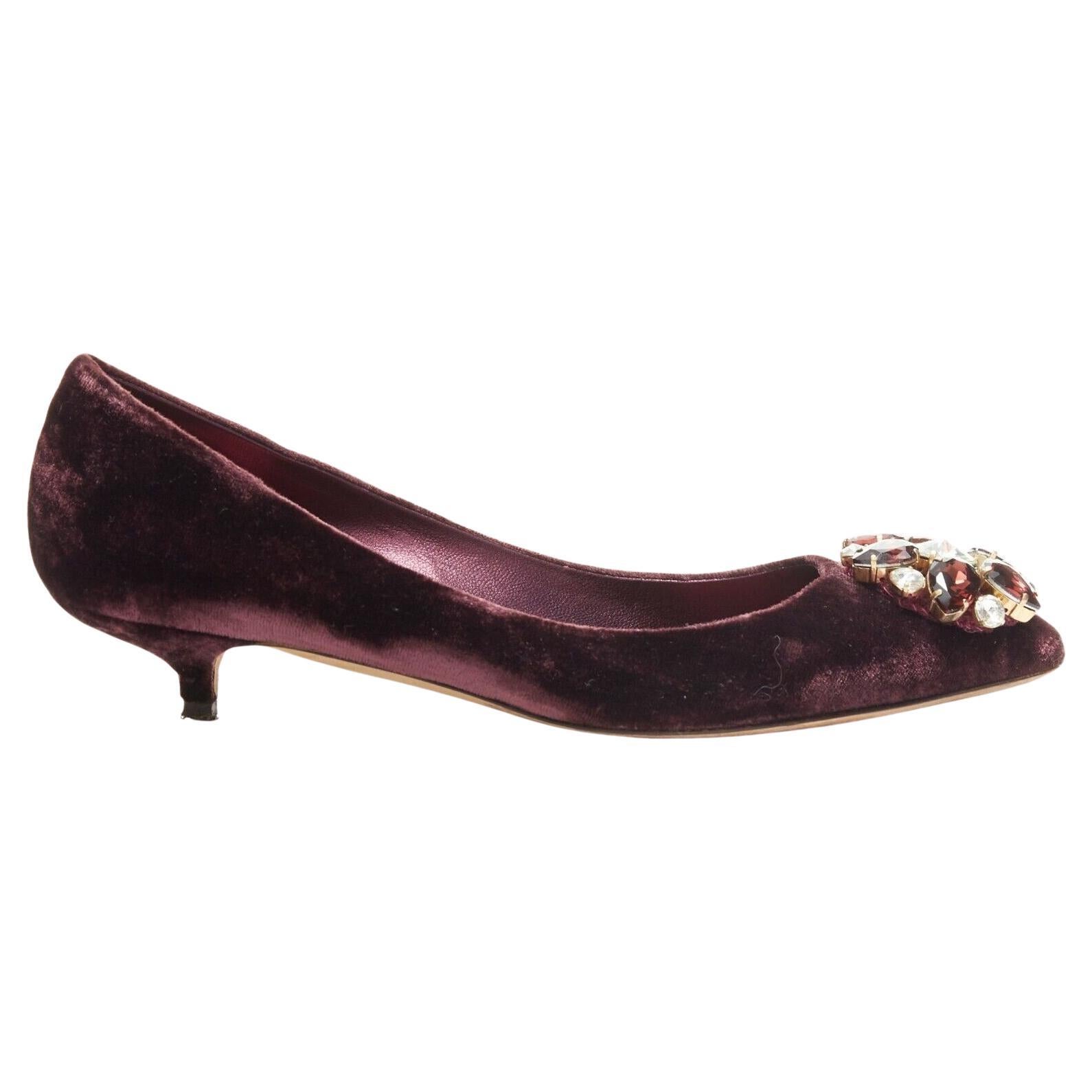 DOLCE & GABBANA embellished purple velvet crystal toe kitten heel pumps EU36.5 For Sale