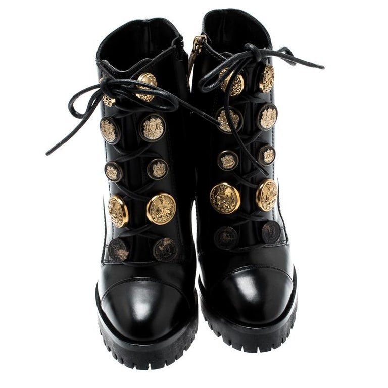 Dolce and Gabbana Embossed Button Embellished Combat Ankle Boots Size 37  For Sale at 1stDibs