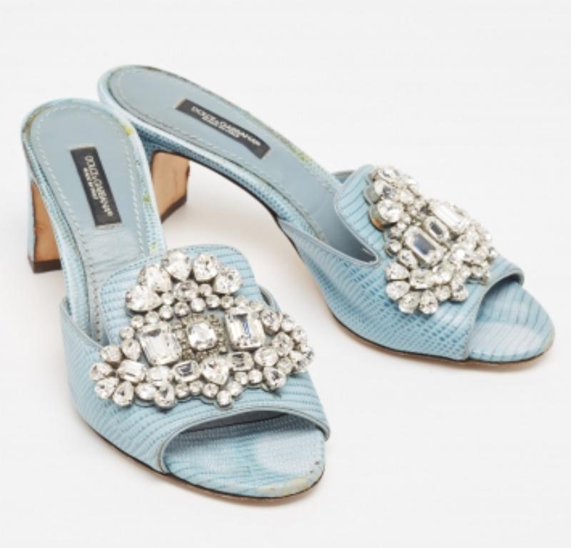 Gray Dolce & Gabbana Embossed Lizard Crystal Embellished Slide Sandals Size 36 For Sale