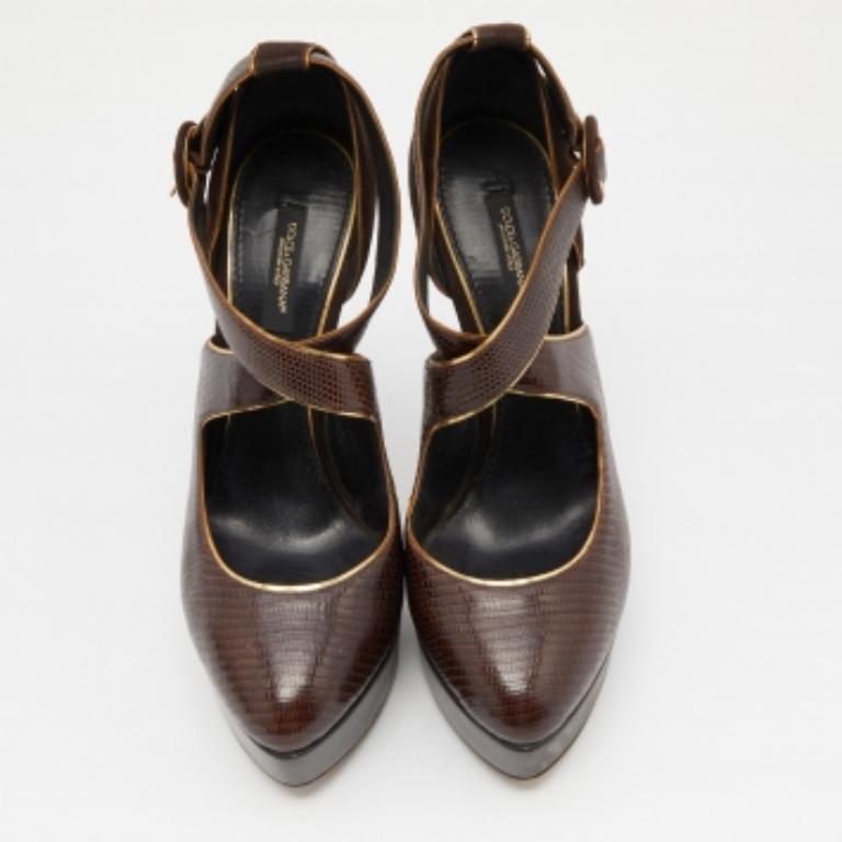 De las mujeres Dolce & Gabbana Bombas de plataforma con correa de tobillo cruzada de ante y lagarto en relieve talla 39 en venta