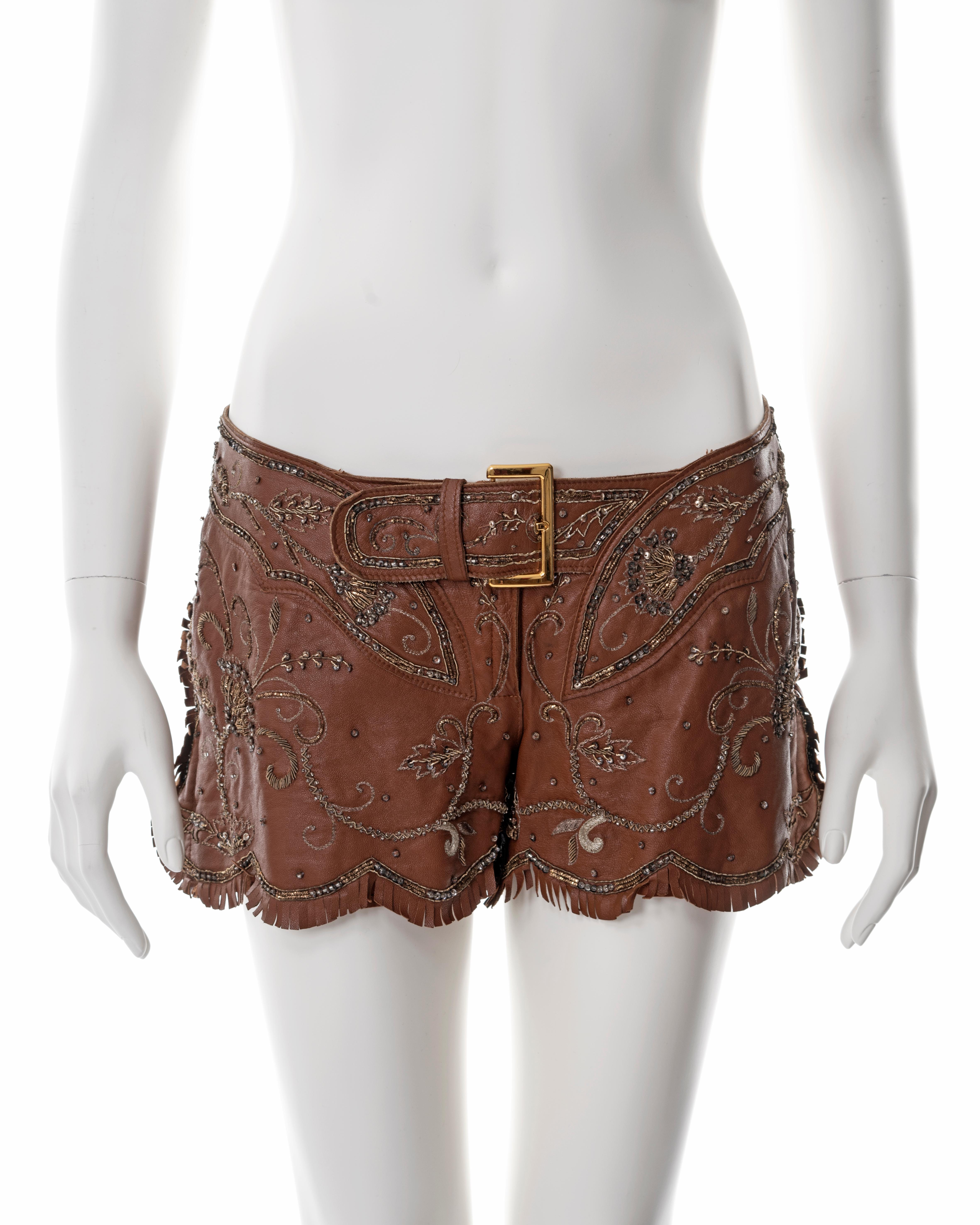 Women's Dolce & Gabbana embroidered brown leather hot pants, ss 2001