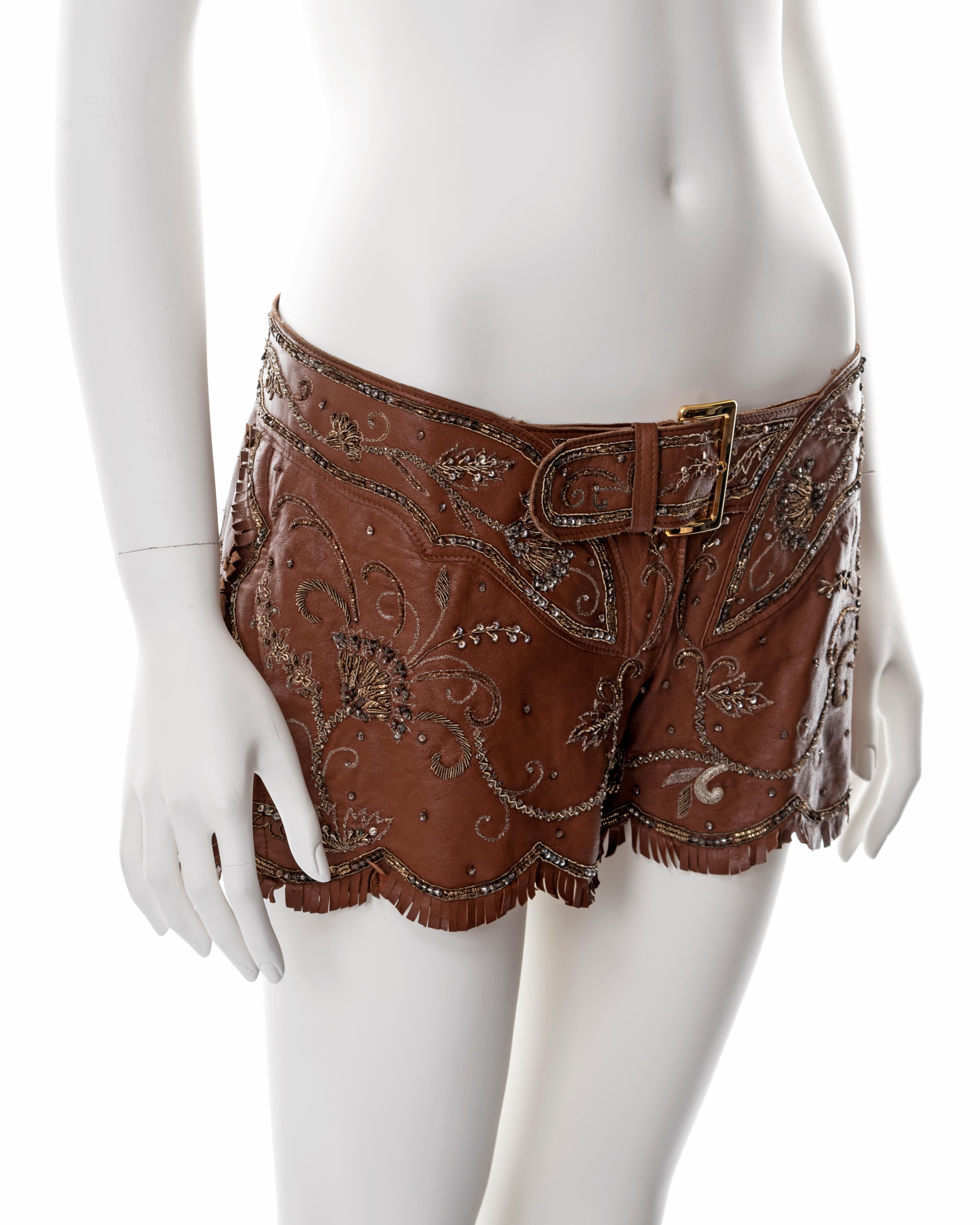 Dolce & Gabbana embroidered brown leather hot pants, ss 2001 2