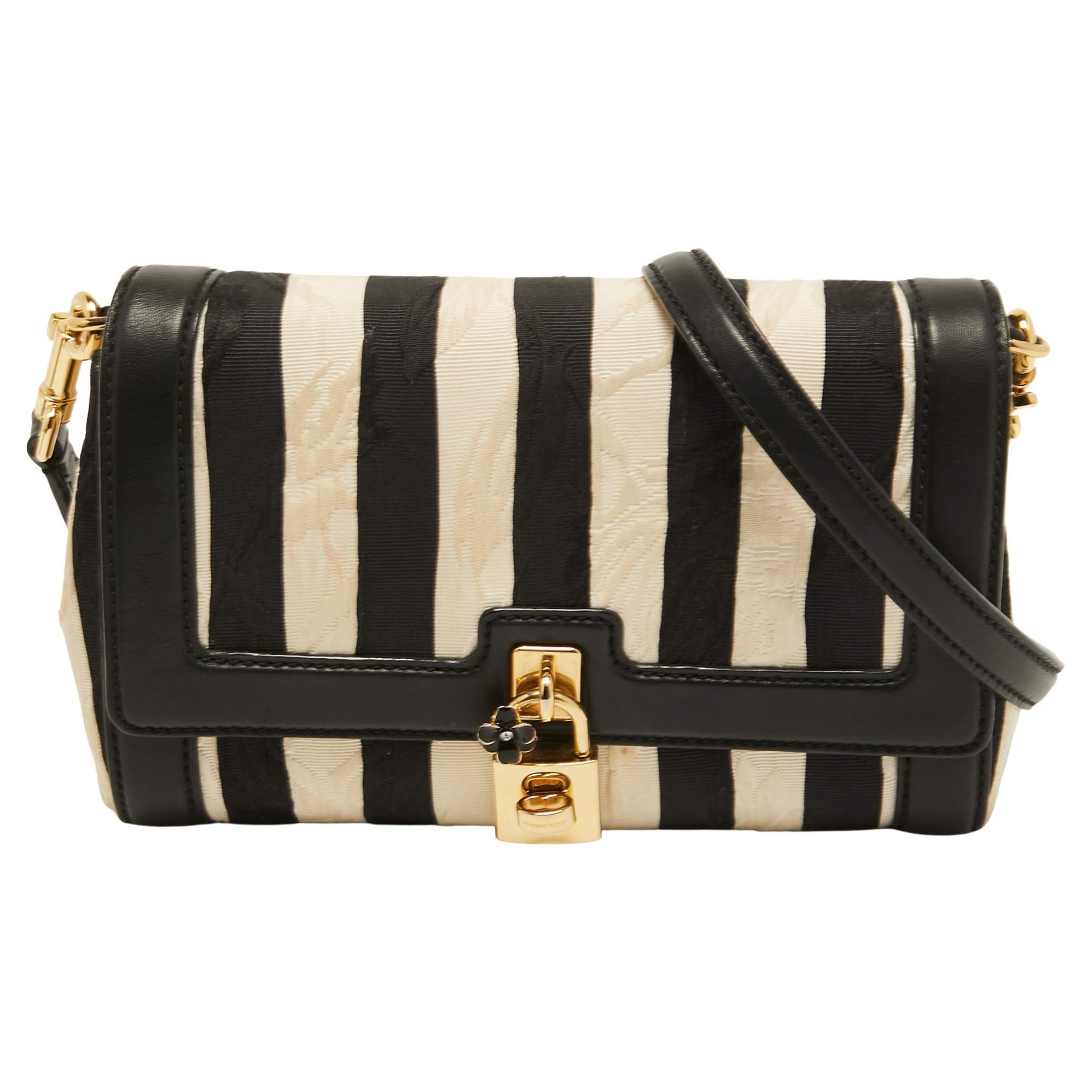 Dolce & Gabbana Embroidered Stripe Canvas and Leather Padlock Crossbody Bag