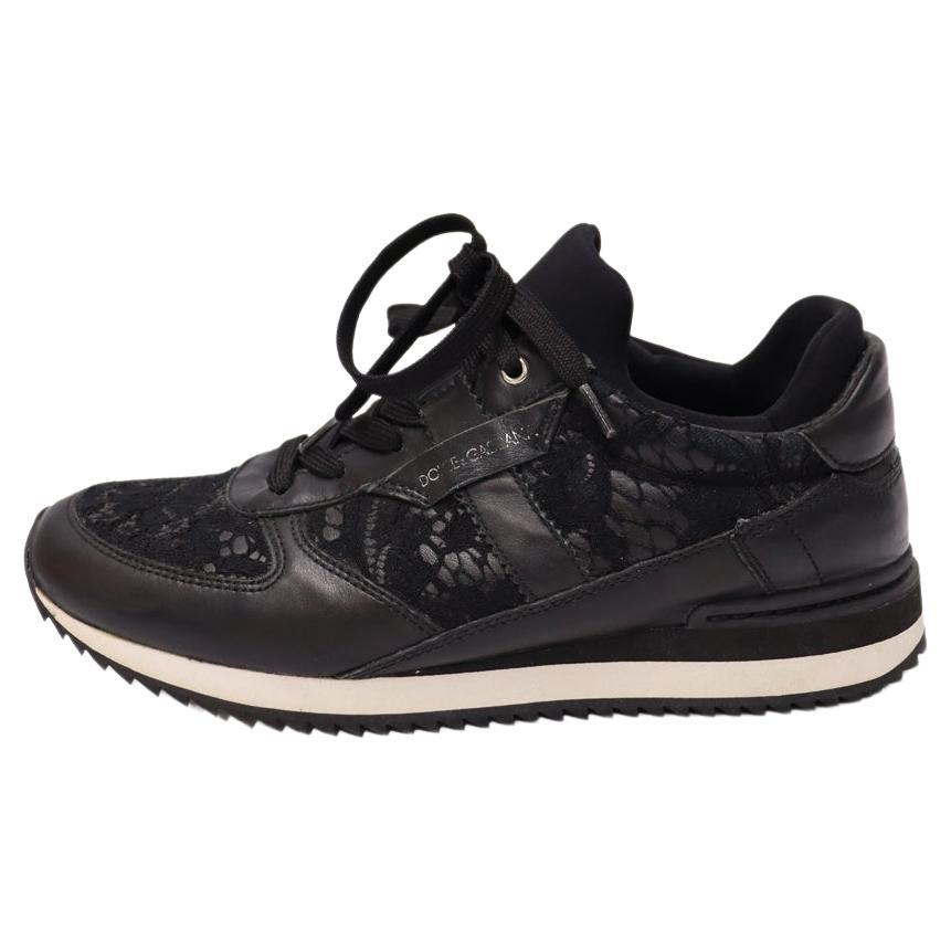 Dolce & Gabbana EU 37 Black Lace Low-top Buffed Leather Sneakers For Sale