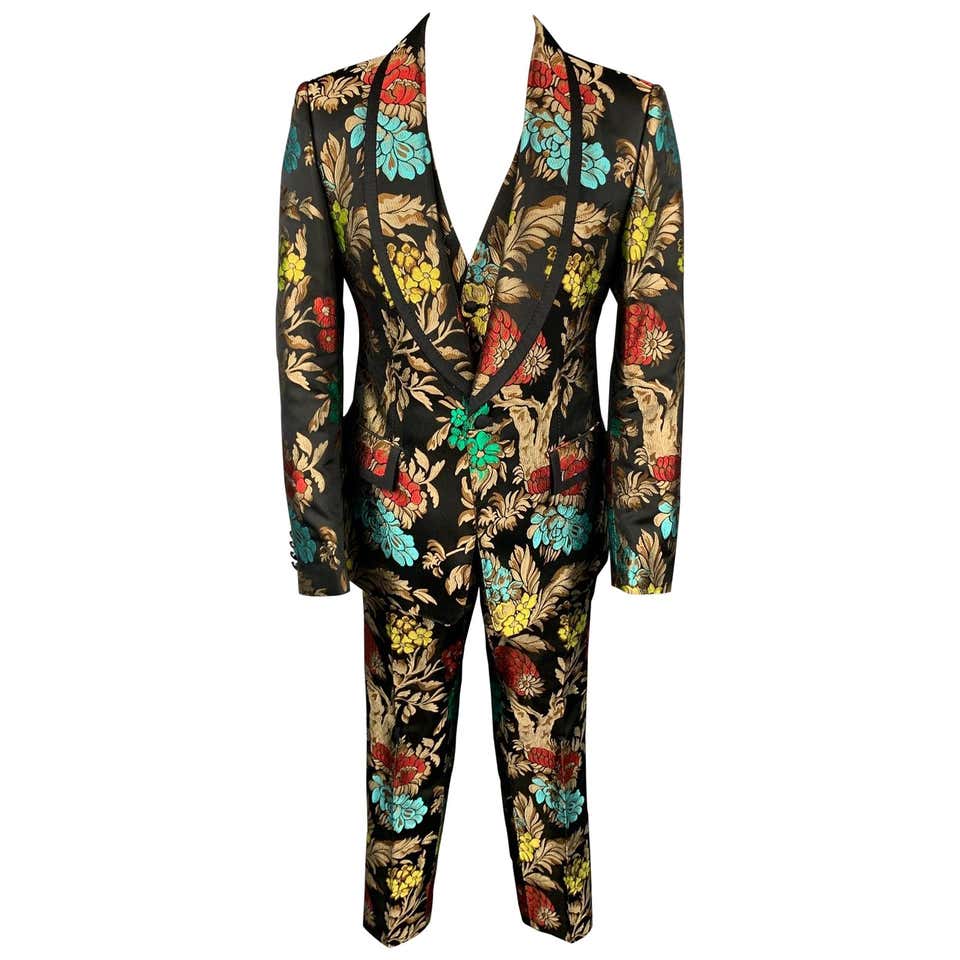 DOLCE and GABBANA 40 Black Brocade and Burgundy Velvet 3 Piece Suit at