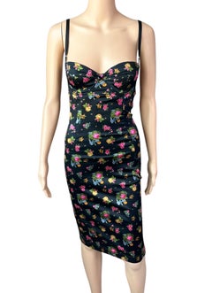 Dolce & Gabbana F/W 1999 Vestido midi de seda con estampado floral y corpiño vintage