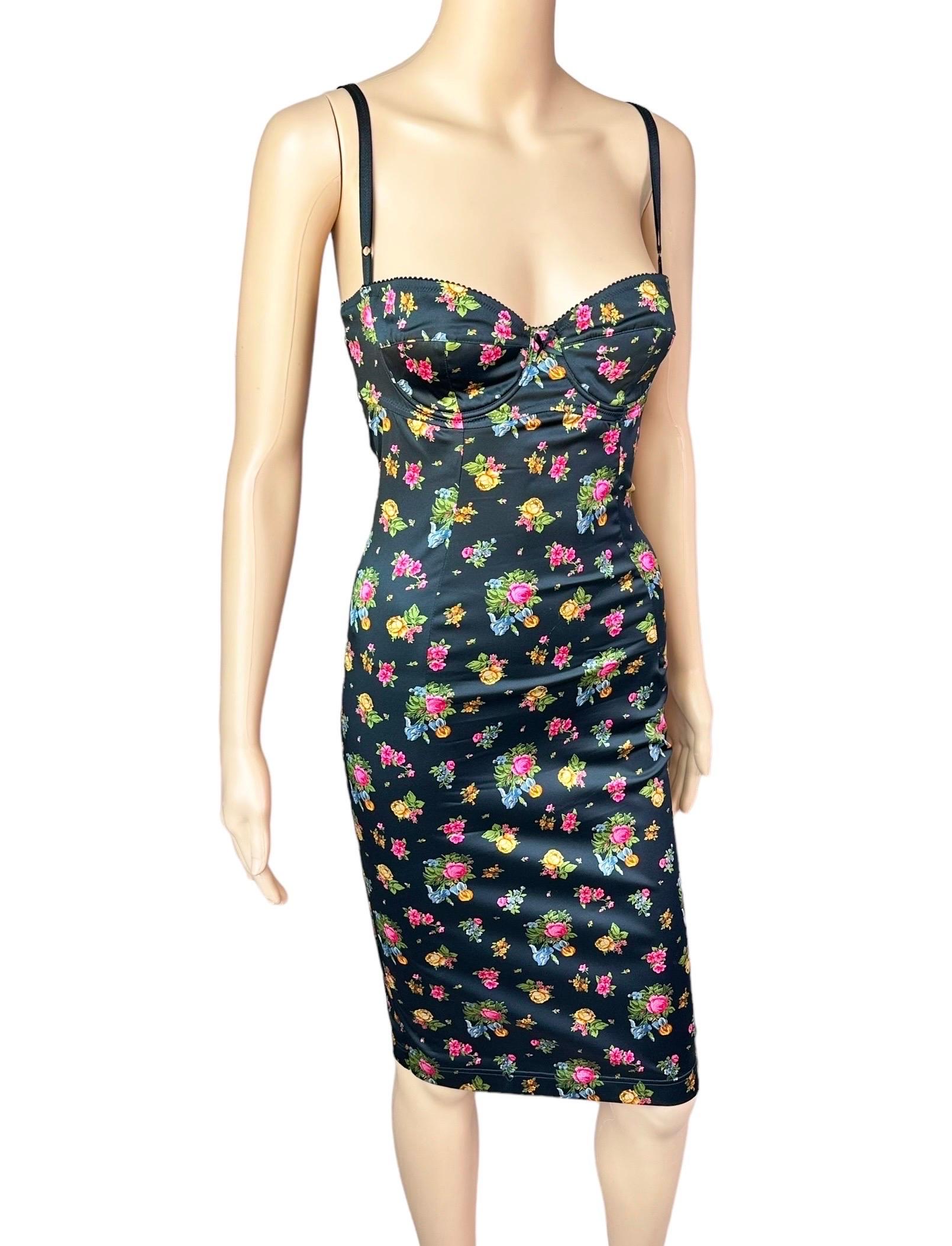 Beige Dolce & Gabbana F/W 1999 Vintage Bustier Silk Floral Print Midi Dress For Sale