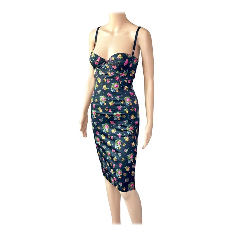 Dolce and Gabbana F/W 1999 Vintage Bustier Silk Floral Print Midi Dress For  Sale at 1stDibs