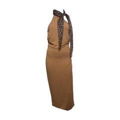 Dolce & Gabbana F/W 2000 Camel Halterneck Leopard-Print Scarf Midi Dress