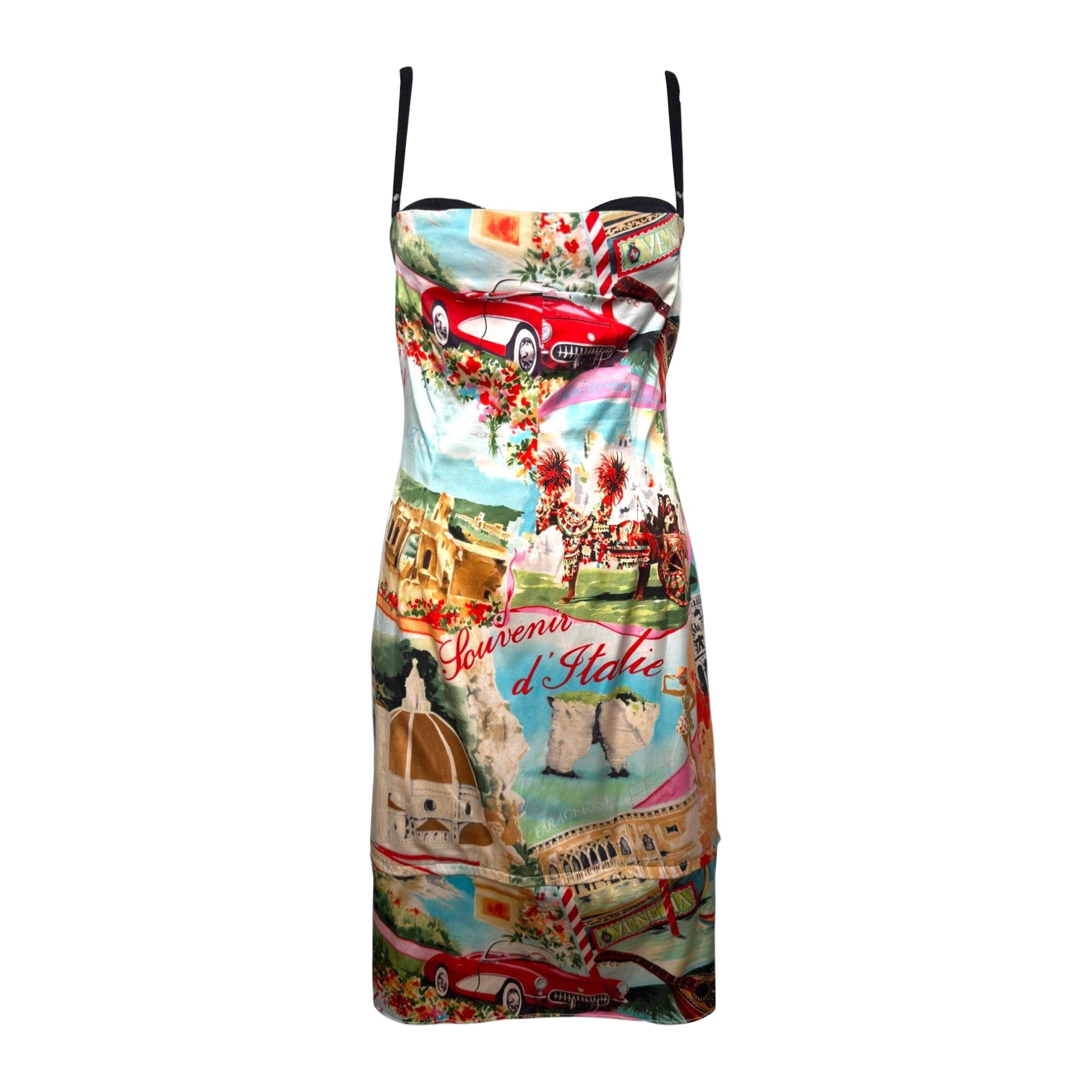 Dolce & Gabbana F/W 2000 Italie Souvenir Postcard Printed Silk Bustier Mini Dres