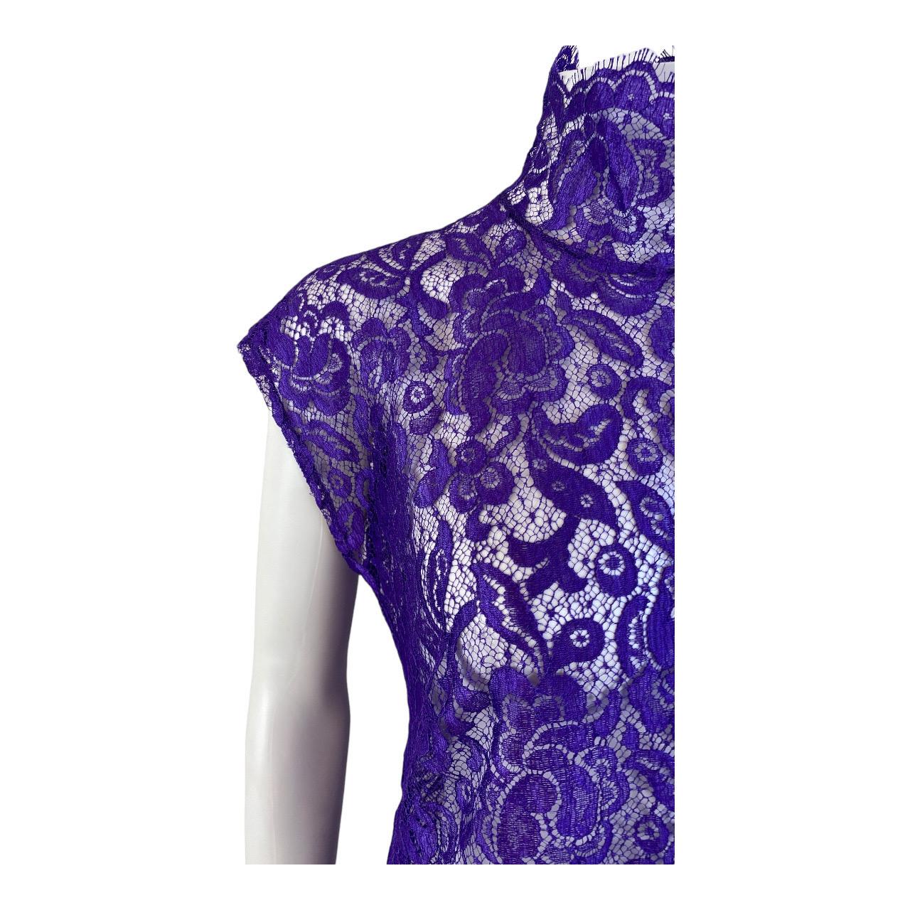 Women's or Men's Dolce + Gabbana F/W 2001 Purple Floral Lace Mini Dress High Neck   For Sale